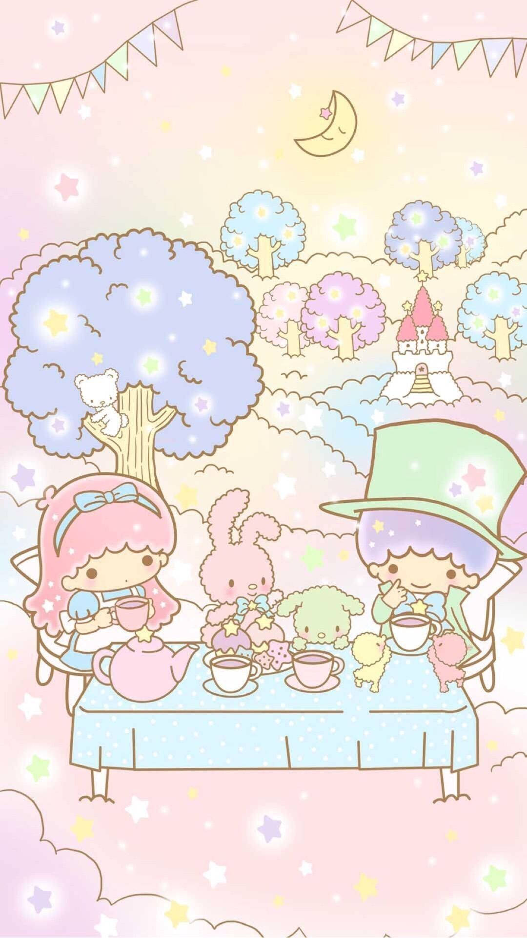 Twin 桌布 壁紙 — 可愛的卡通角色在星空下享受一場奇妙的茶會，有微笑的月亮和粉彩樹木。