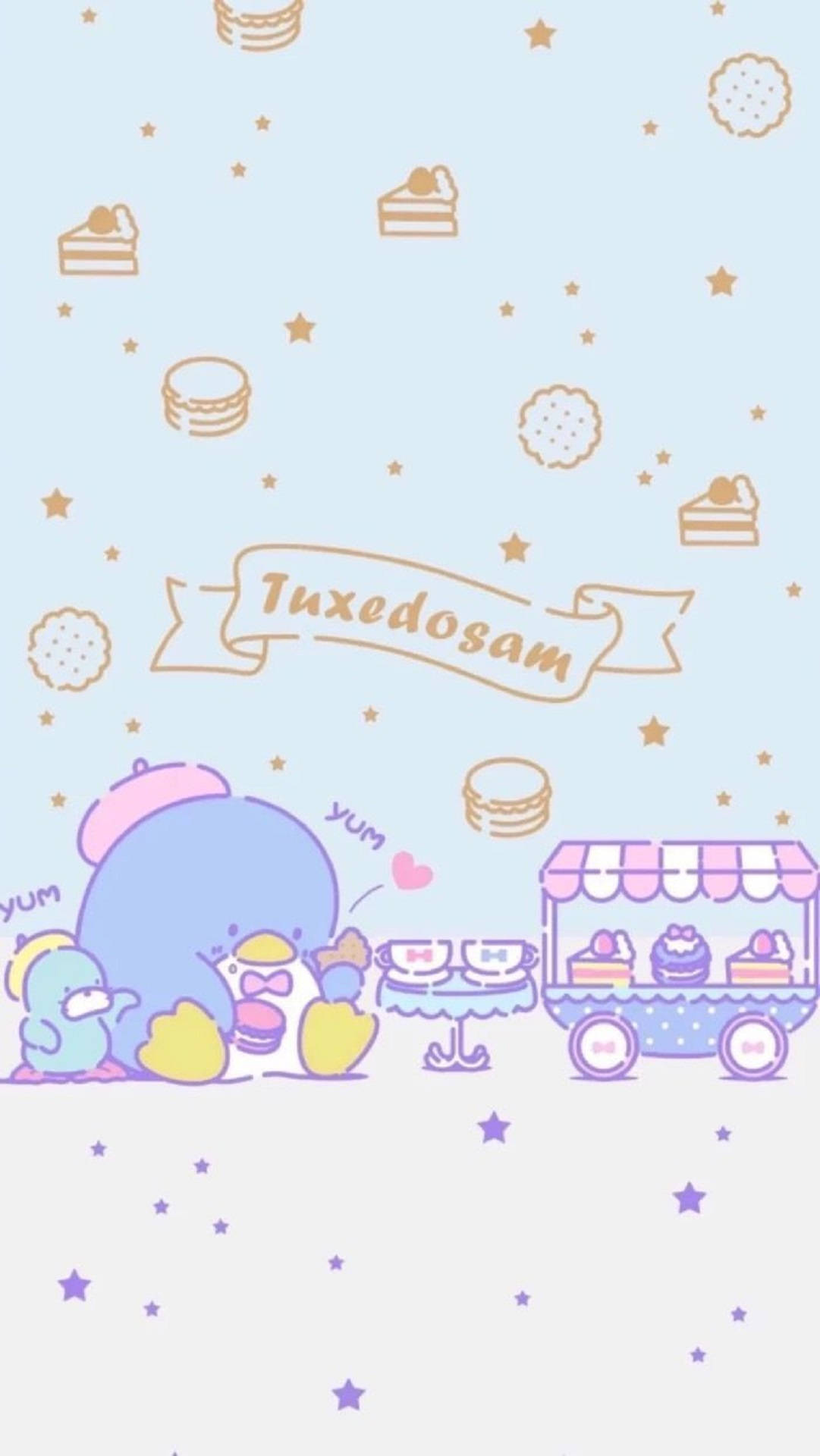 Tuxedo 桌布 壁紙 — 可愛的卡通角色在星空下享用甜點，周圍有漂浮的糖果和烘焙車。