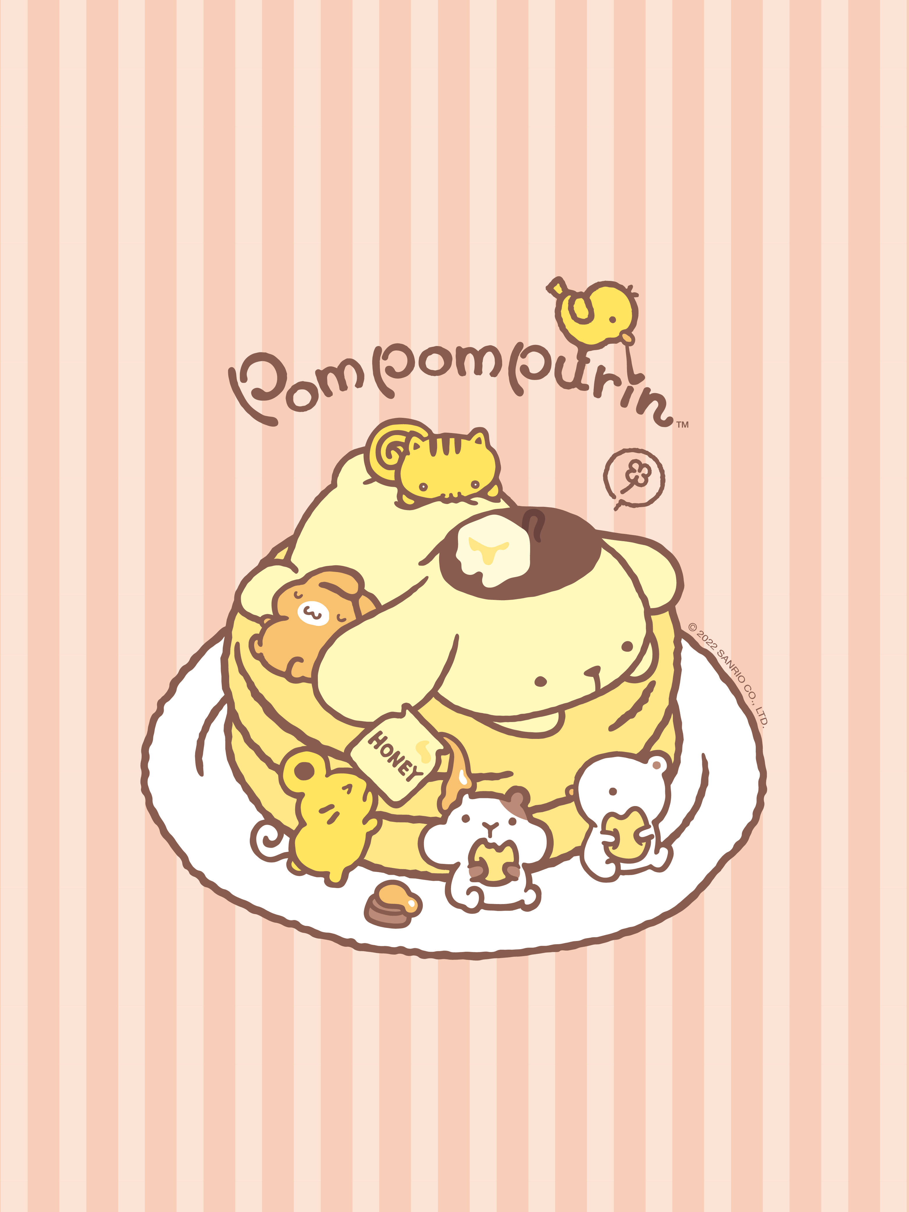 Pompompurin HD 桌布 壁紙 — 可愛的卡通角色在條紋粉紅色背景上享用蜂蜜煎餅。