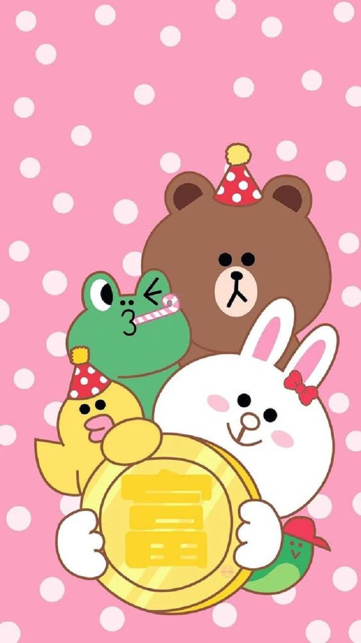 Line 桌布 壁紙 — 可愛的卡通角色在粉紅色圓點背景上，手持帶有中文字元的金幣慶祝。