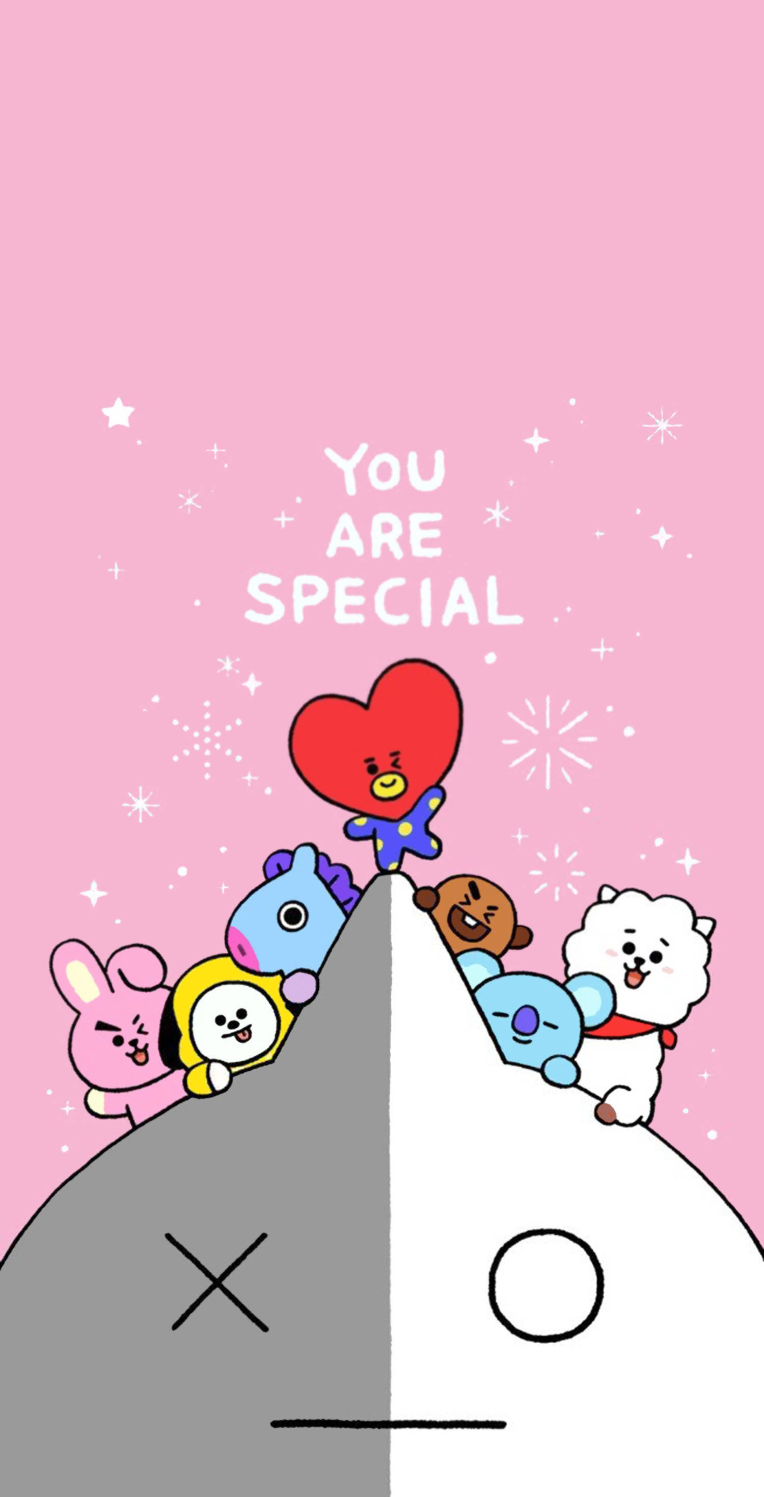 van bt21 桌布 壁紙 — 可愛的卡通角色在粉紅色天空、閃爍光芒和「你是特別的」文字背景下，從灰白分界的山峰頂上探出頭來。