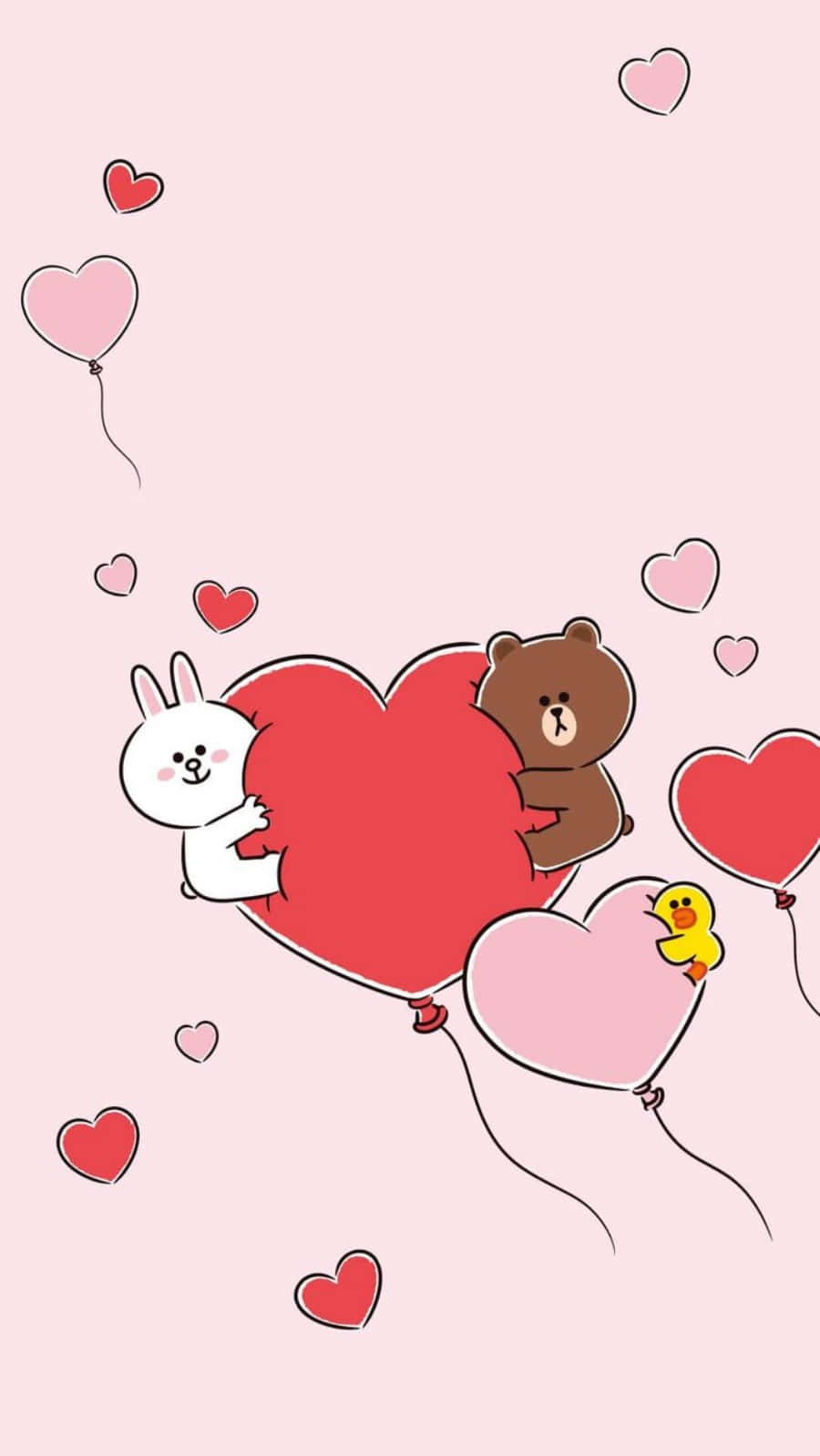 Cartoon Heart 桌布 壁紙 — 可愛的卡通角色擁抱一個巨大的紅色心形氣球，周圍有漂浮的心形在柔和粉紅色背景上。
