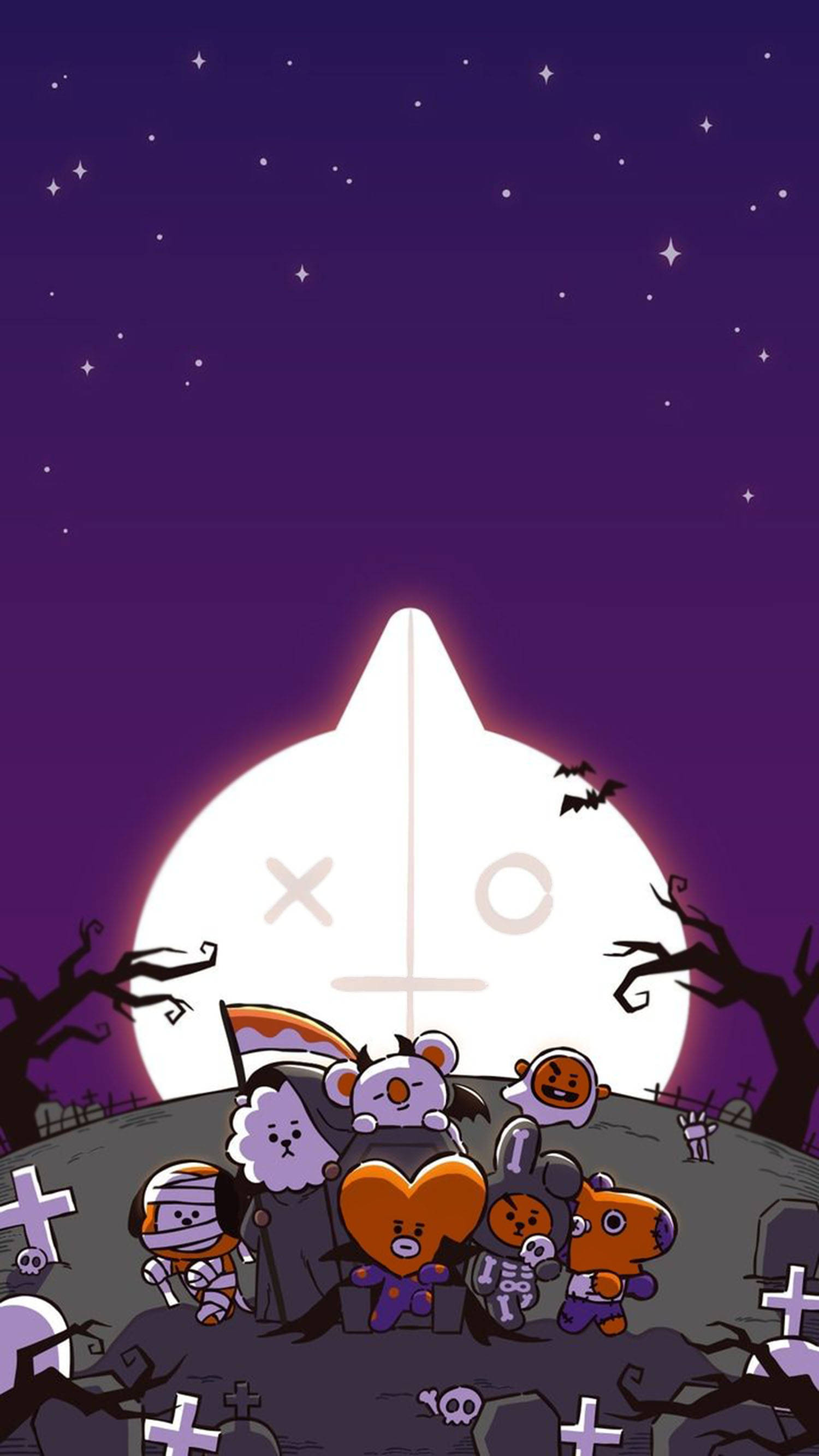 van bt21 桌布 壁紙 — 可愛的卡通角色穿著萬聖節服裝聚集在墓地，上方有大月亮、飛舞的蝙蝠和星星。