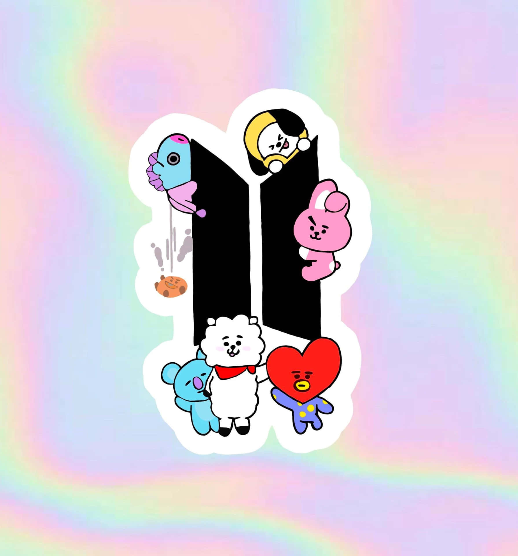 BT21 桌布 壁紙 — 可愛的卡通角色緊貼著黑色數字十，背景是柔和的彩虹漸變色。