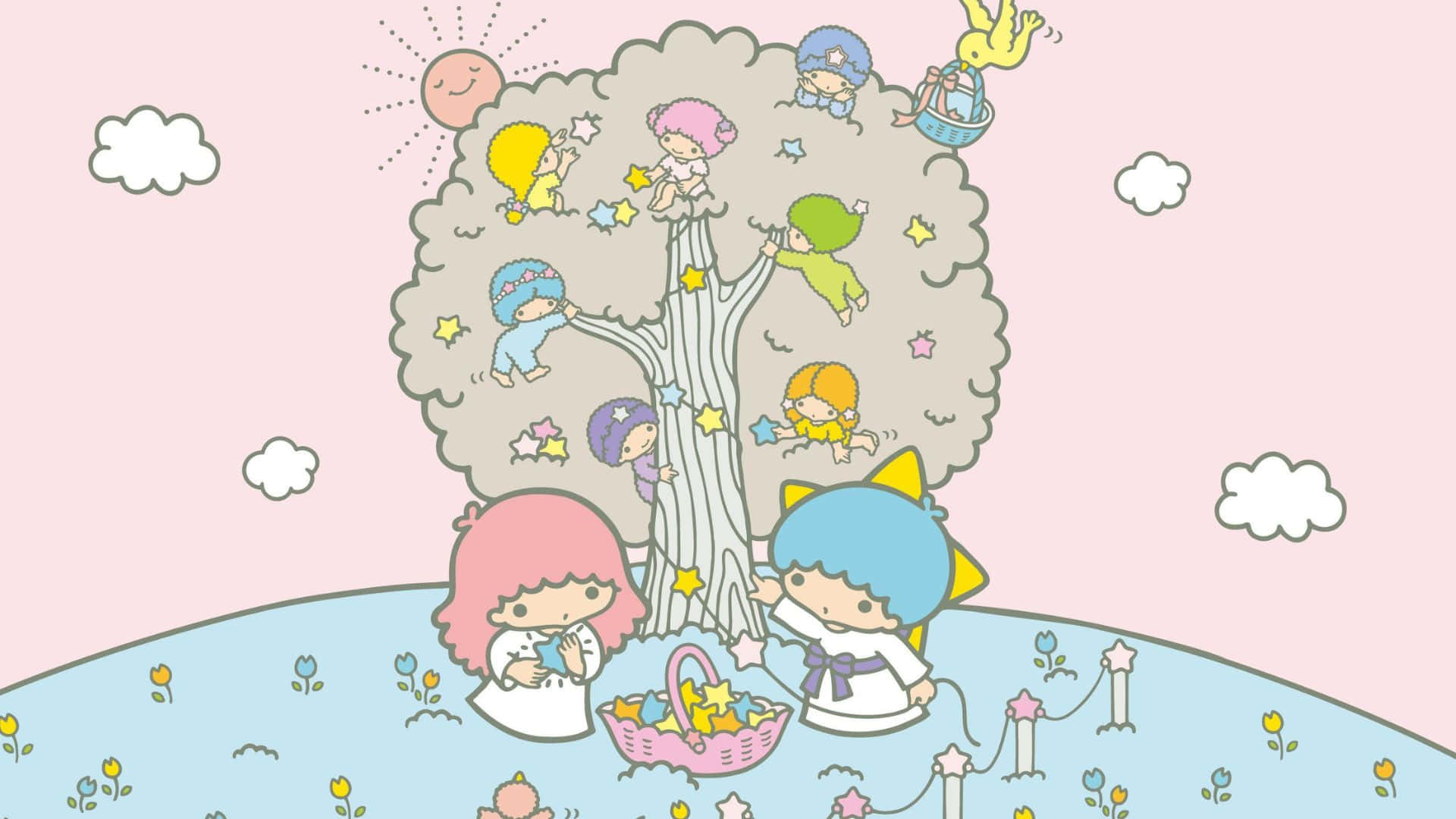 Kawaii Art 桌布 壁紙 — 可愛的卡通角色聚集在一棵星星樹下，上方有微笑的太陽，背景是粉彩粉紅色的天空。