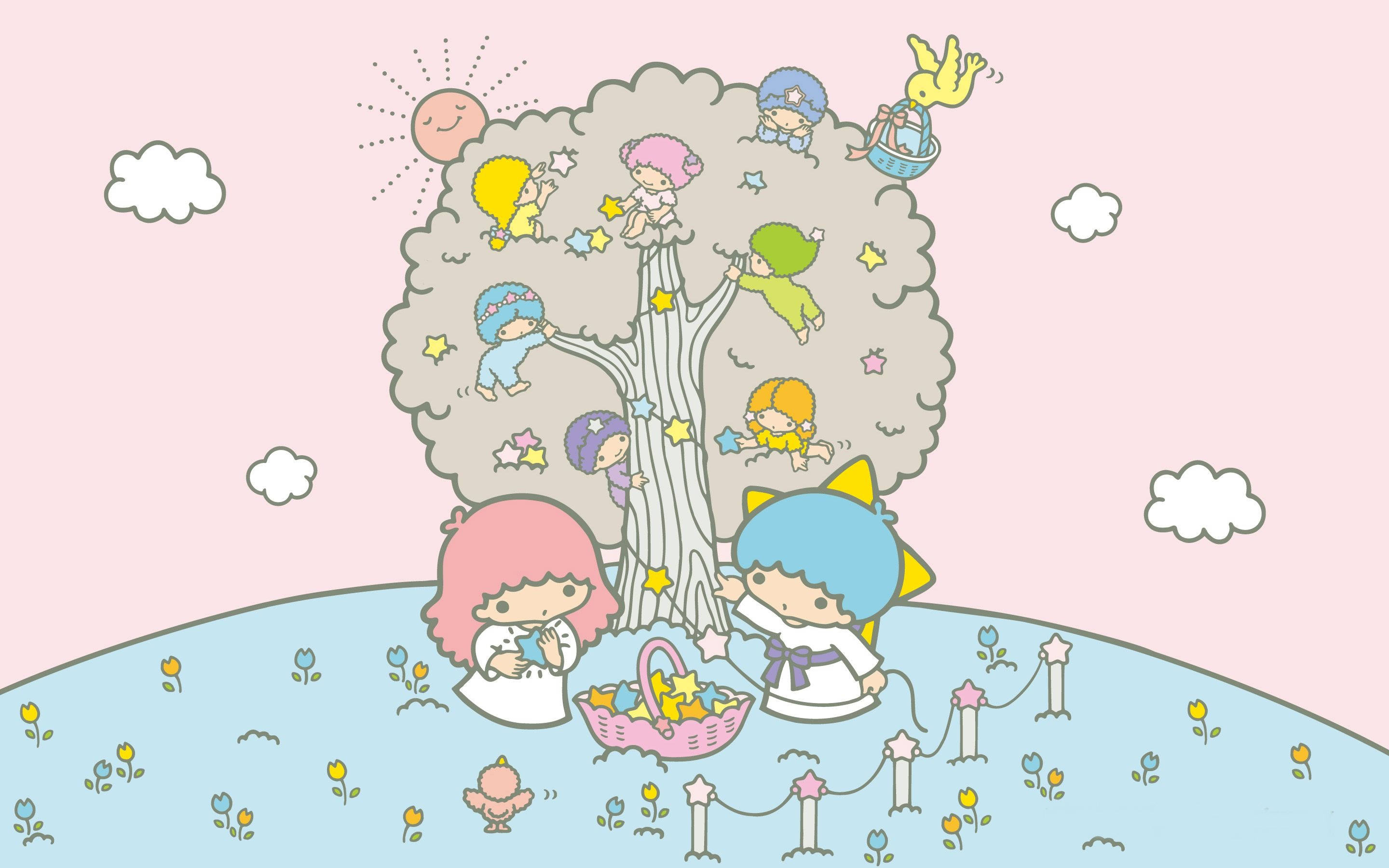 Kawaii Laptop 桌布 壁紙 — 可愛的卡通角色聚集在一棵滿是星星的樹下，上方有微笑的太陽，背景是粉彩粉紅色的天空。