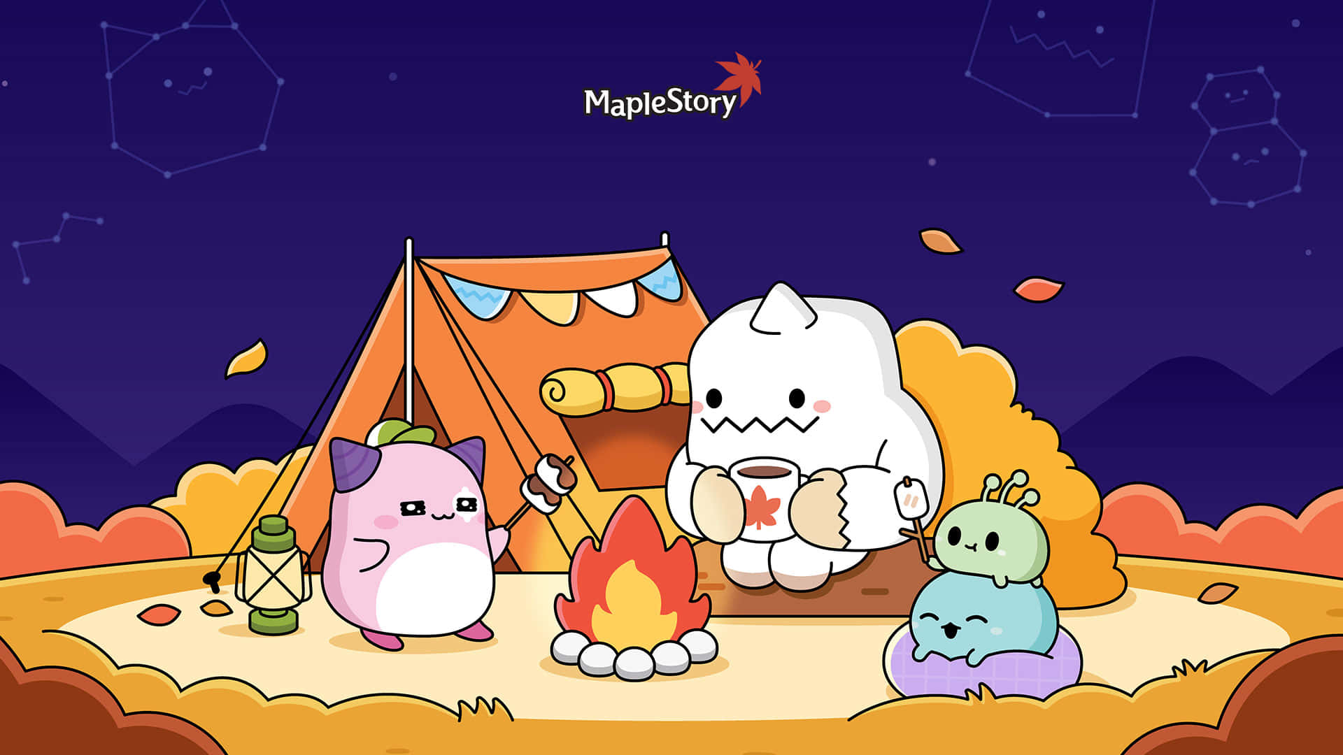 online 桌布 壁紙 — 可愛的卡通角色聚集在營火旁，星空下秋葉飄落。