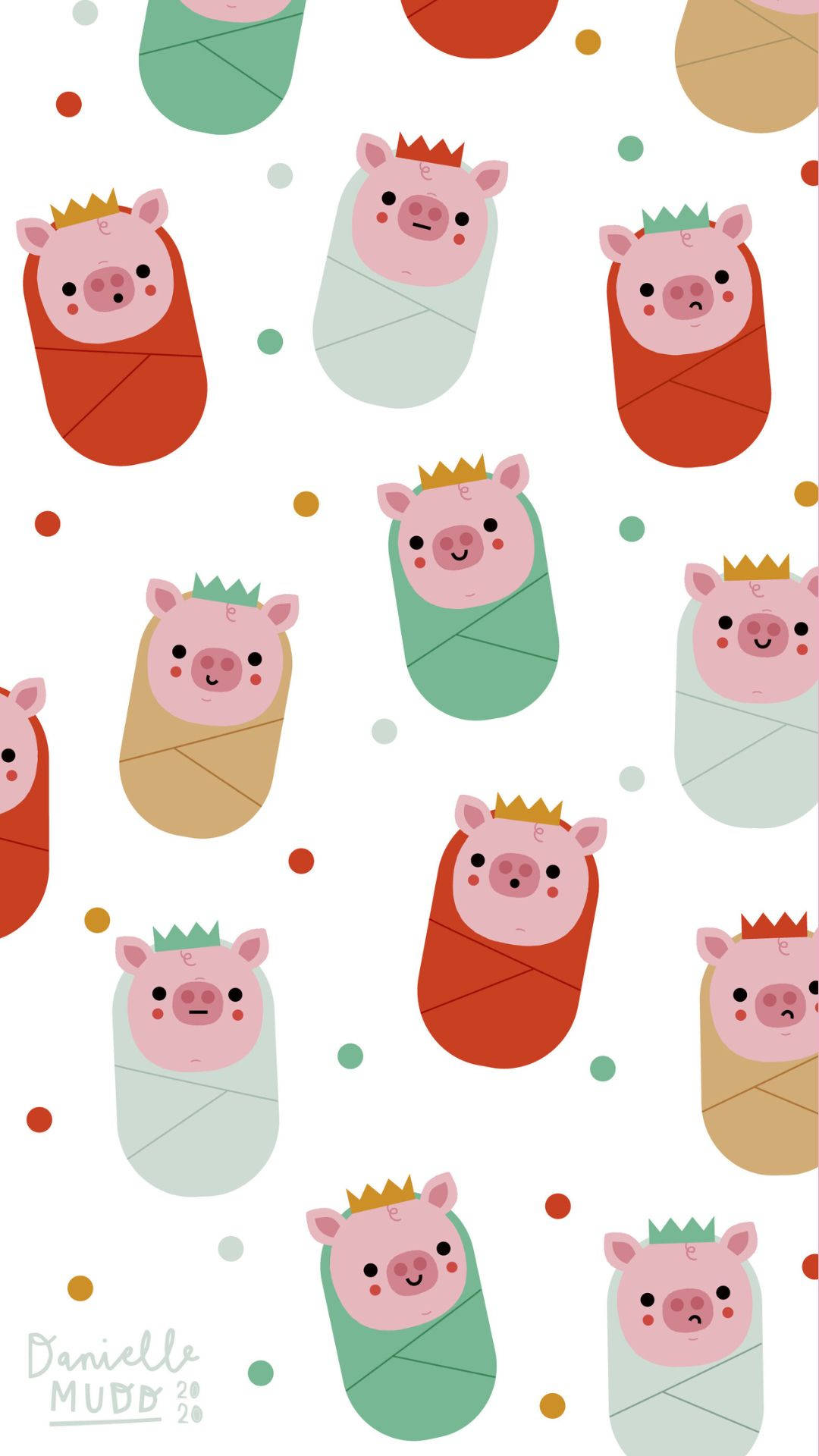 Kawaii Christmas 桌布 壁紙 — 可愛的卡通豬包裹在彩色毯子裡，戴著小皇冠，散落在白色圓點背景上。
