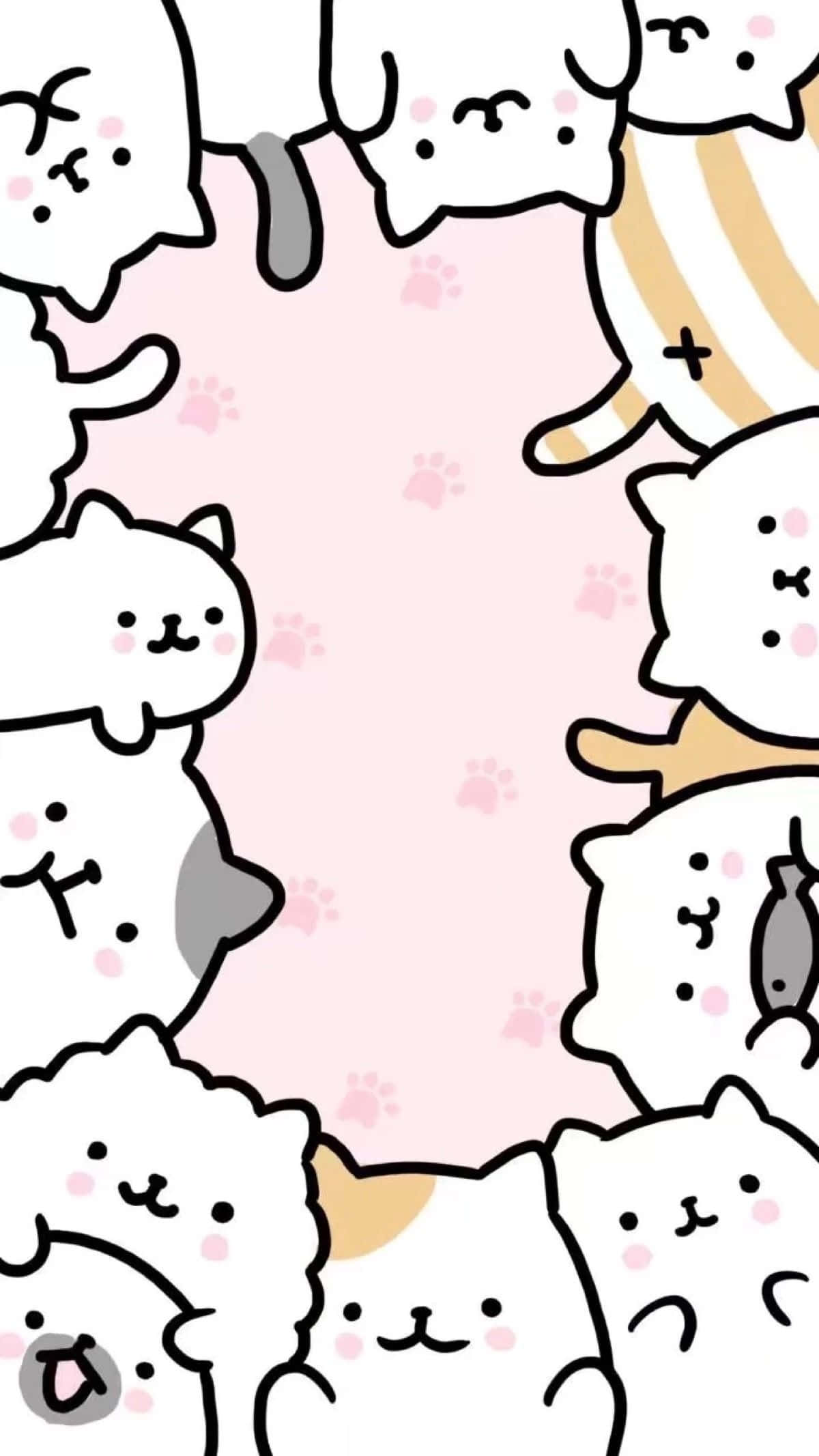 Pusheen Kawaii 桌布 壁紙 — 可愛的卡通貓咪，帶有簡單的黑色輪廓和粉紅色的臉頰，襯托出帶有微妙爪印的柔和粉紅色背景。