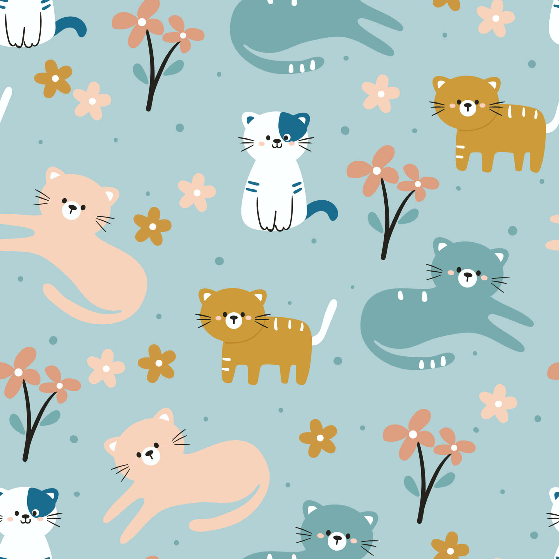 Cute Cartoon Animal 桌布 壁紙 — 可愛的卡通貓咪以柔和色調在淺粉紅色和橙色花朵間玩耍，背景為淺藍色。