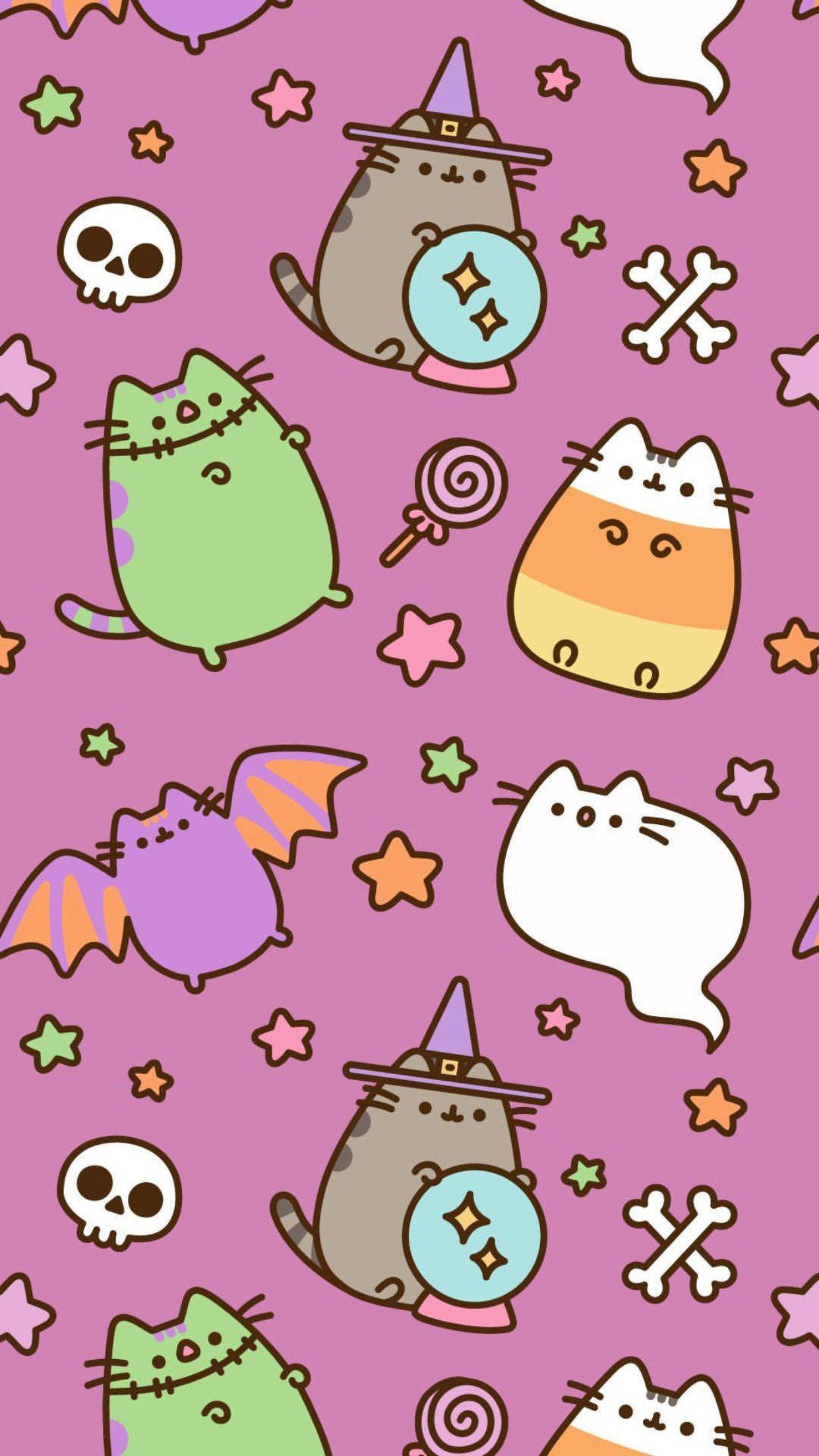 Kawaii iPhone 桌布 壁紙 — 可愛的卡通貓咪打扮成女巫、蝙蝠和糖果玉米，在粉紅色背景上形成有趣的萬聖節圖案。