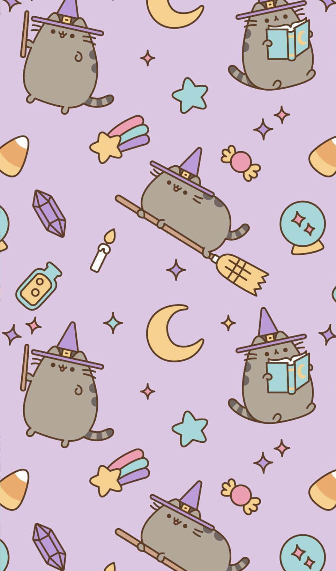 女巫貓騎著掃帚飛翔，帶有糖果玉米和星星，紫色背景 — Pusheen 動圖 壁紙