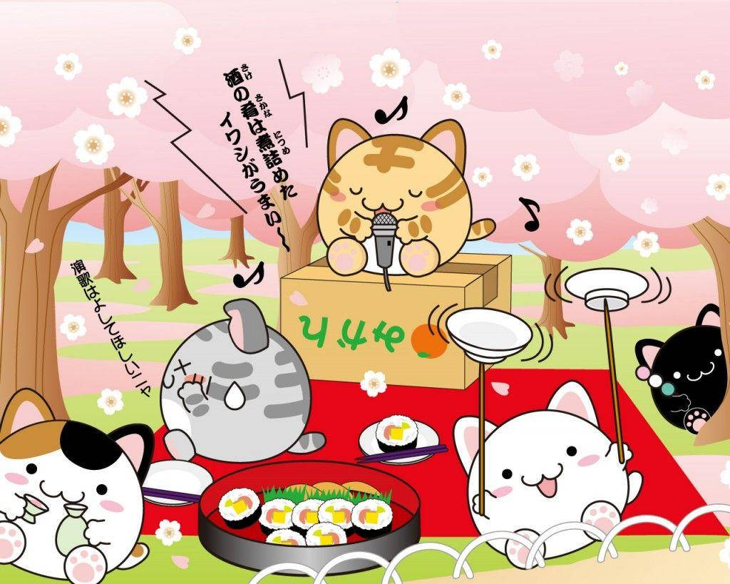 可愛貓咪動圖 桌布 壁紙 — 可愛的卡通貓在櫻花下享受野餐，有壽司和一隻在紙箱舞台上唱歌的貓。