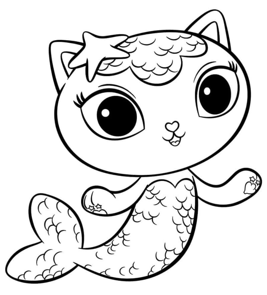 coloring 桌布 壁紙 — 可愛的卡通貓美人魚，有海星頭髮和鱗片尾巴，黑白線條勾勒。
