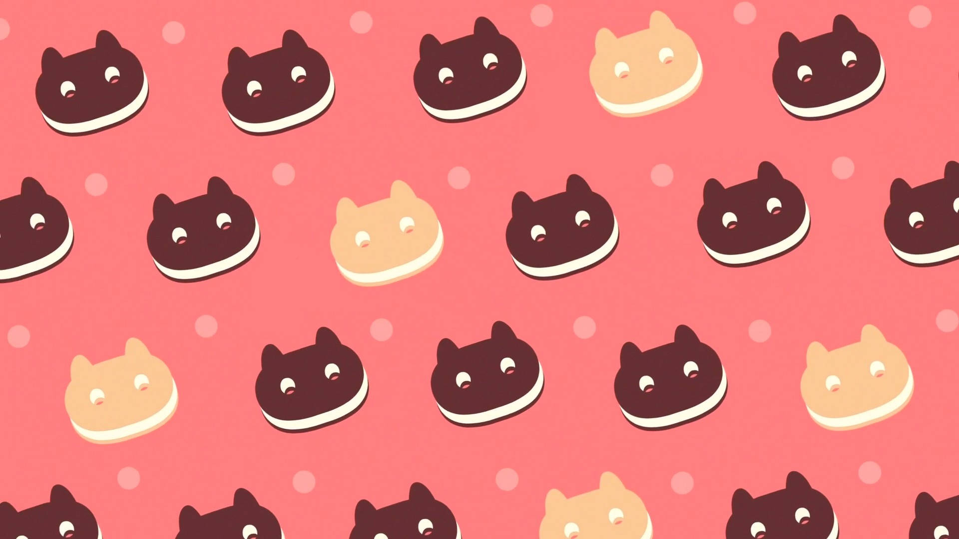 cute aesthetic pc 桌布 壁紙 — 可愛的卡通貓臉，深棕色和桃色，漂浮在帶有柔和白色圓點的粉紅色背景上。