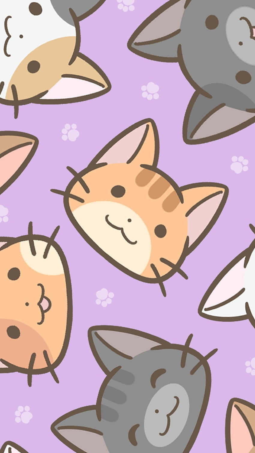 Cute Cat Pattern 桌布 壁紙 — 可愛的卡通貓頭帶著開心的表情漂浮在柔和的紫色背景上，背景點綴著小小的腳印。