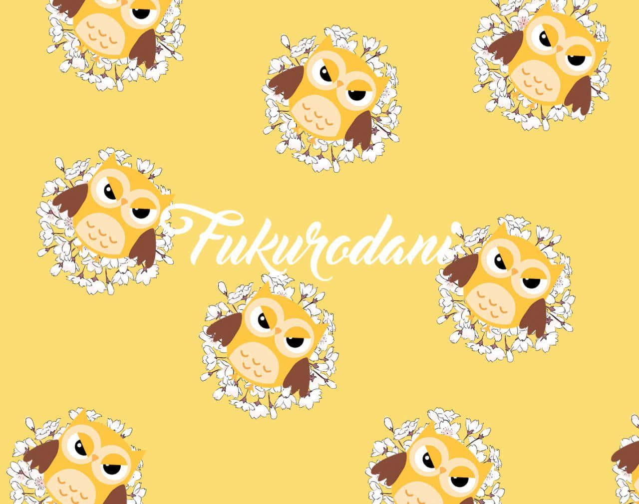 Fukurodani 桌布 壁紙 — 可愛的卡通貓頭鷹帶著睡眼惺忪的眼睛，透過白色花環窺視在溫暖的黃色背景上。