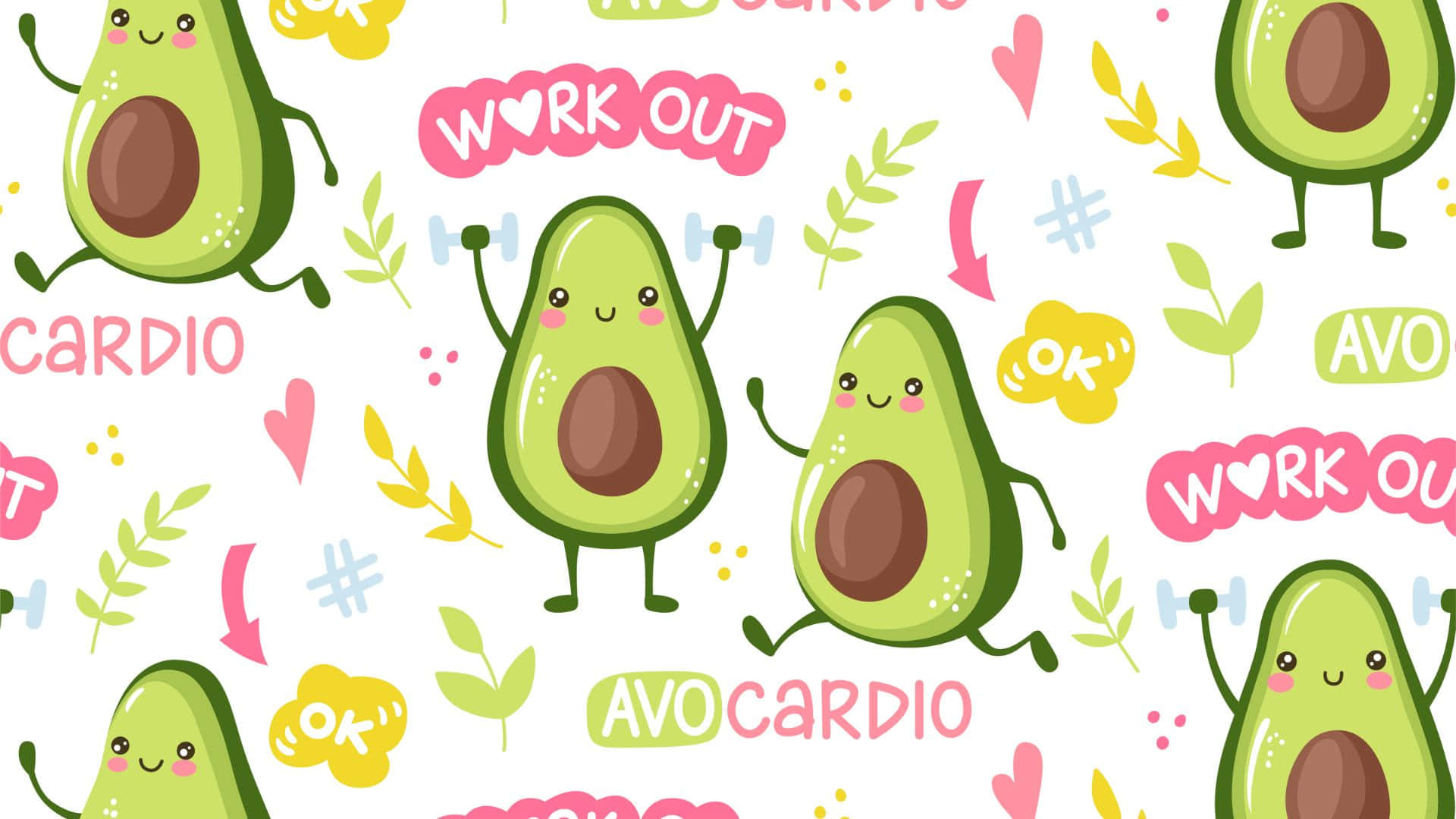 Cute Avocado 桌布 壁紙 — 可愛的卡通酪梨有手臂、腿和笑容，正在舉重並圍繞「AVOCARDIO」和「WORK OUT」等文字跳舞，背景為白色。