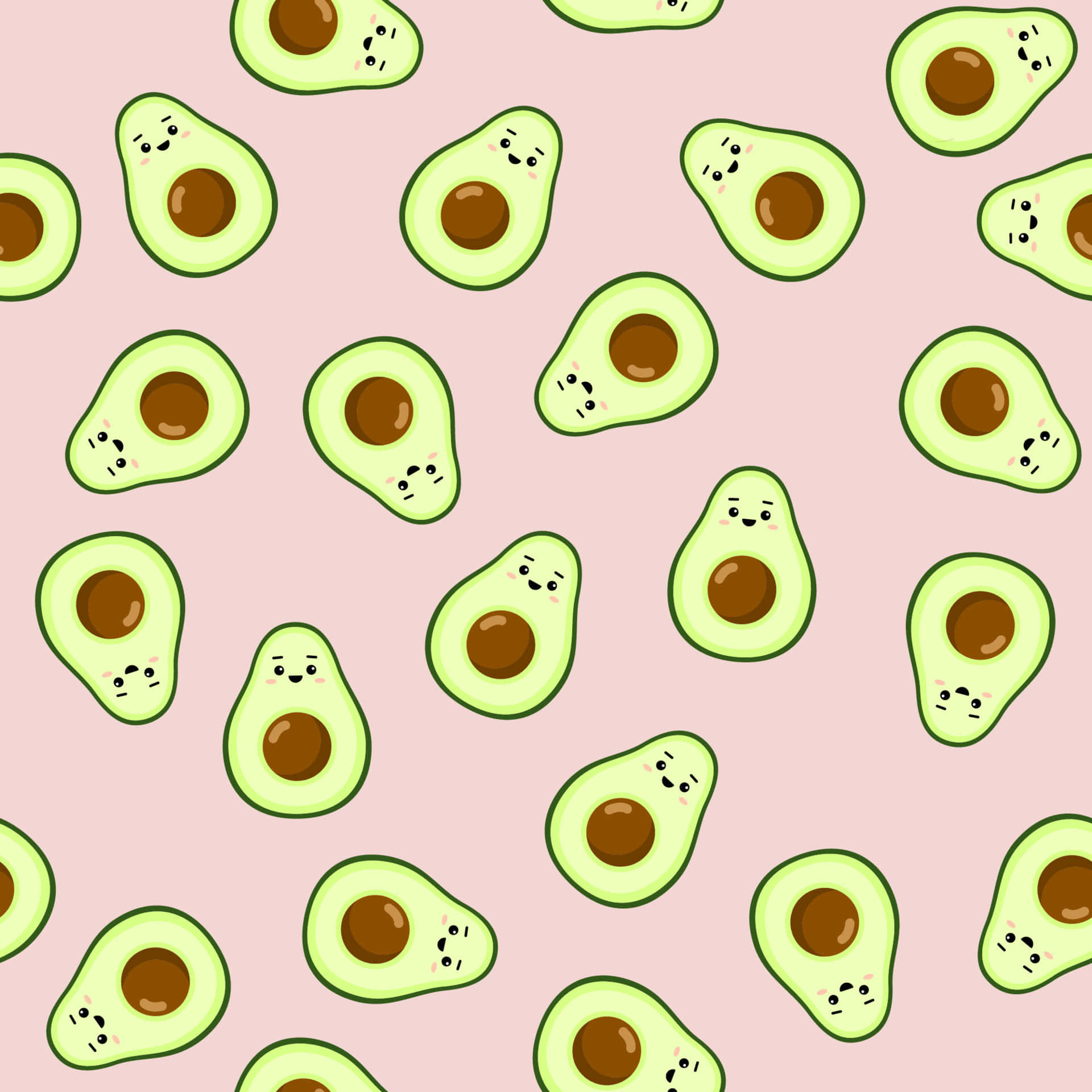 Cute Avocado 桌布 壁紙 — 可愛的卡通酪梨笑臉散佈在柔軟的粉紅色背景上，形成重複圖案。