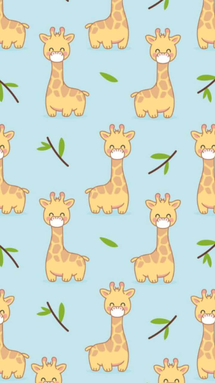 Baby Giraffe 桌布 壁紙 — 可愛的卡通長頸鹿，帶有微笑的臉和斑點圖案，在帶有綠葉的柔和藍色背景上重複。