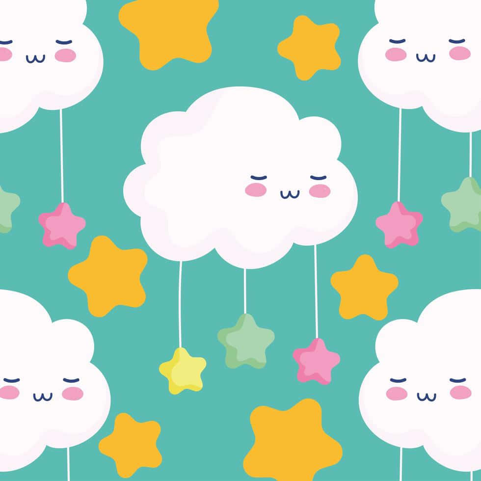 Cloud 桌布 壁紙 — 可愛的卡通雲朵，臉頰泛紅，懸掛著色彩繽紛的星星，在青綠色背景上漂浮。
