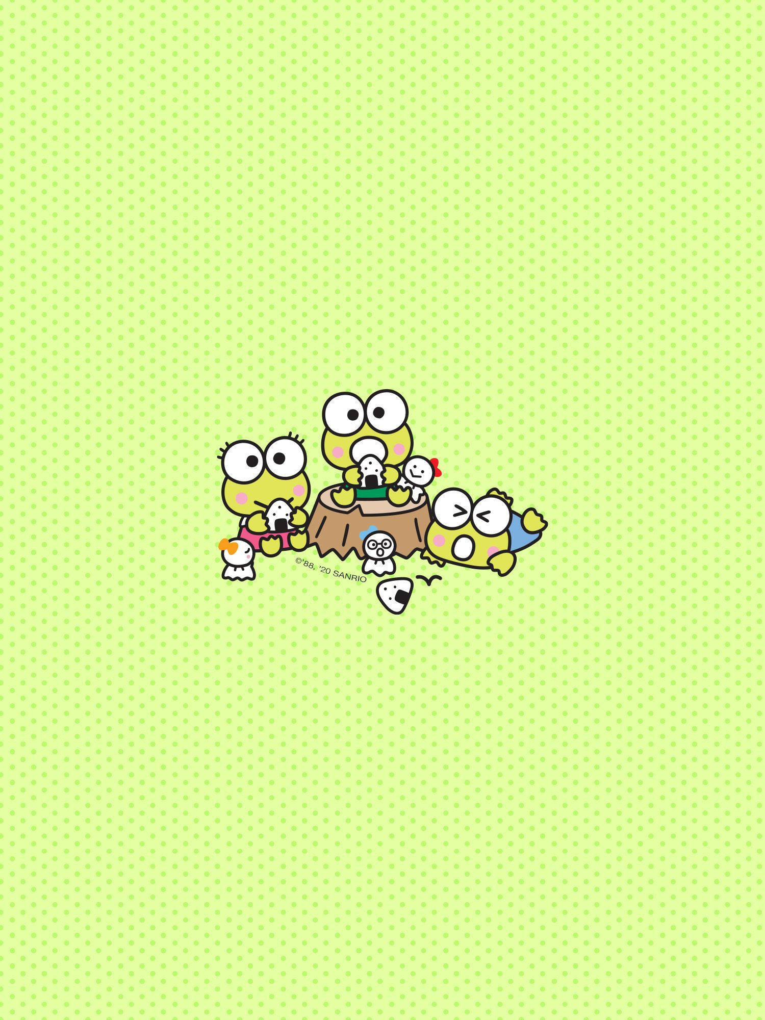 Keroppi 桌布 壁紙 — 可愛的卡通青蛙在樹樁上玩耍，背景是圓點萊姆綠色。