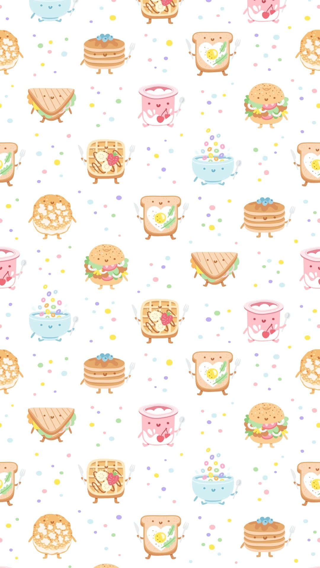 Cute Food iPhone 桌布 壁紙 — 可愛的卡通食物角色，如吐司和鬆餅，帶有臉孔和手臂，散落在帶有彩色圓點的白色背景上。
