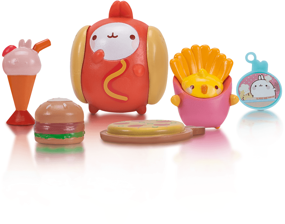 Molang 桌布 壁紙 — 可愛的卡通食物角色，如熱狗漢堡和薯條，在黑色背景上帶有光澤反射。