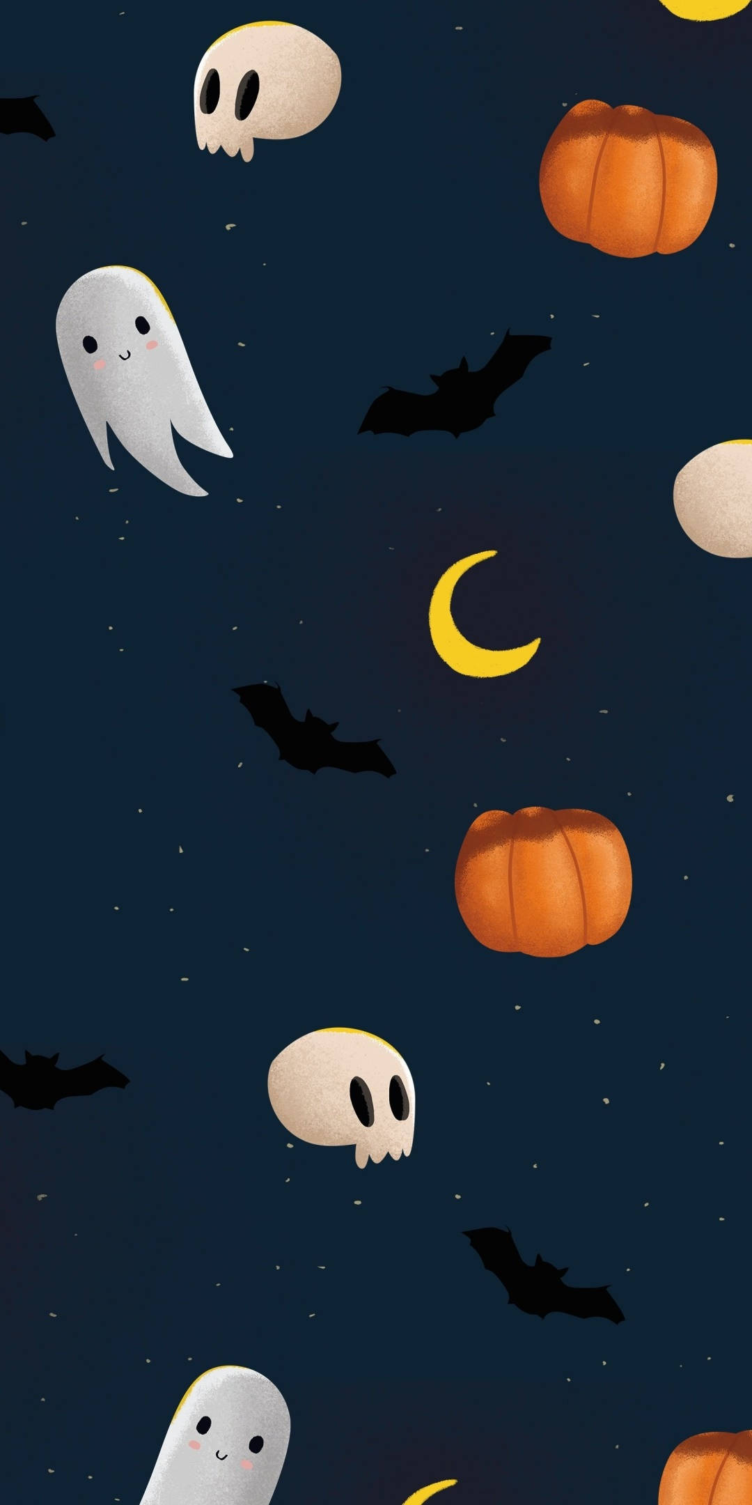 Halloween Phone 桌布 壁紙 — 可愛的卡通鬼魂、南瓜和蝙蝠在星光熠熠的夜空下漂浮，伴隨著發光的彎月。