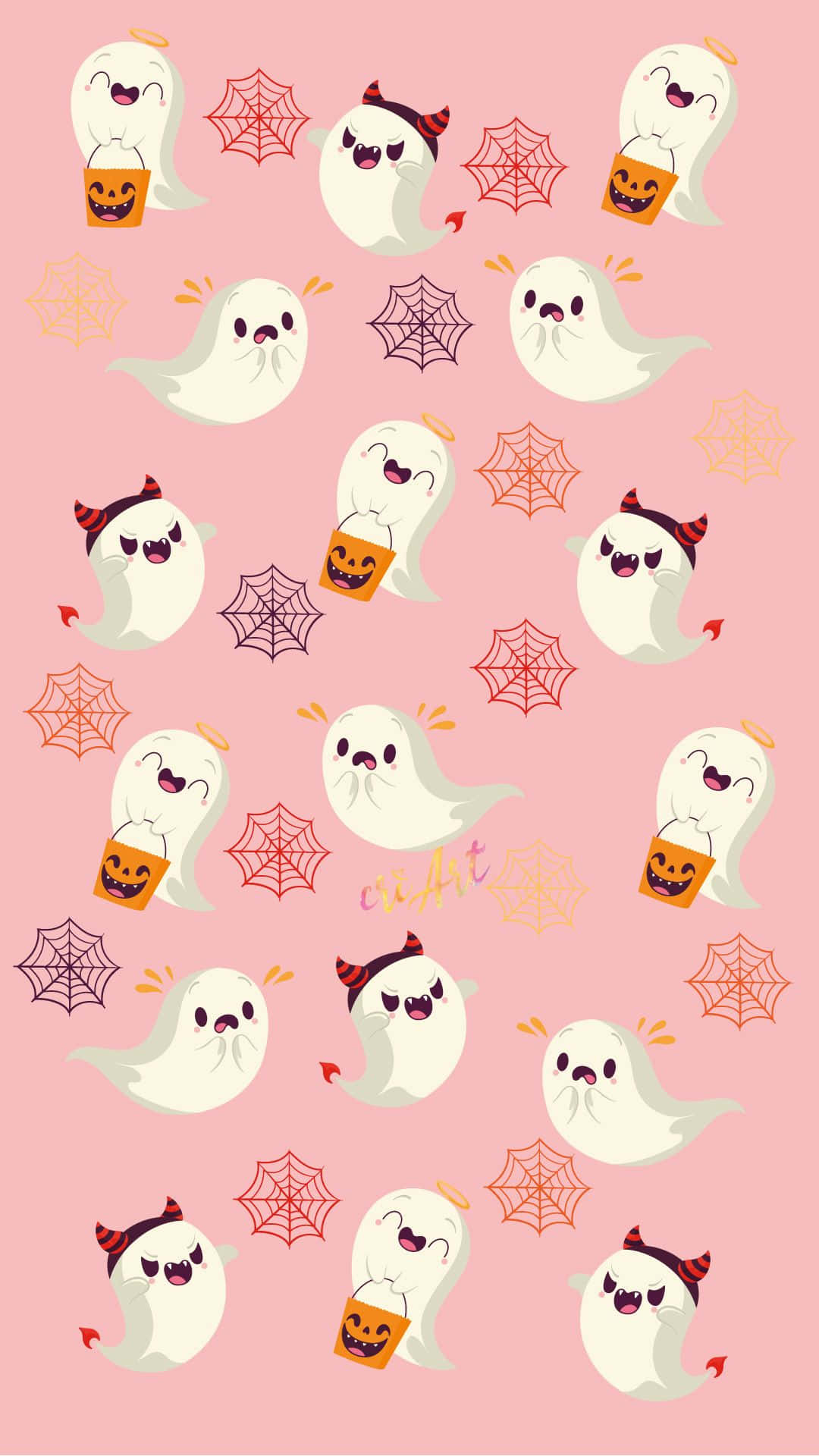 Cute Ghost 桌布 壁紙 — 可愛的卡通鬼魂，頭上有角和光環，拿著南瓜燈籠桶，漂浮在柔軟粉紅色背景上的彩色蜘蛛網中。