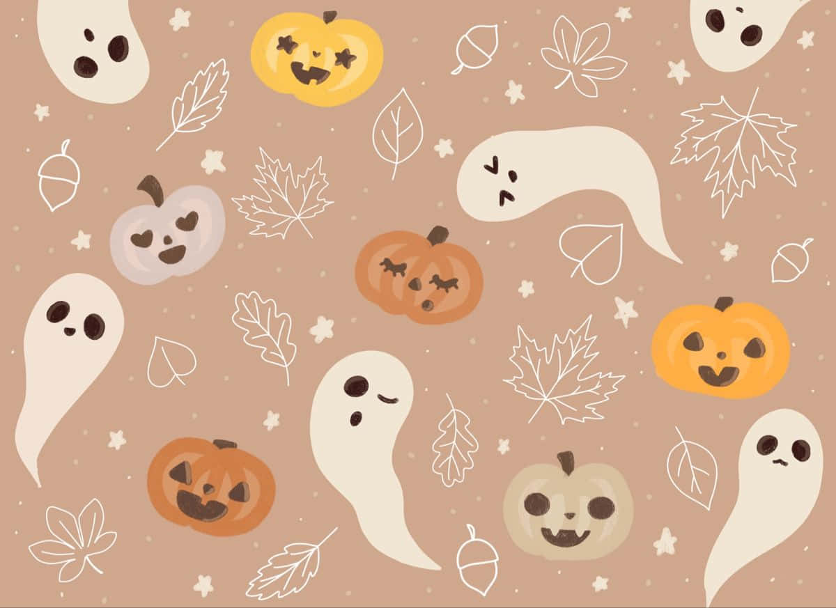 Halloween Macbook 桌布 壁紙 — 可愛的卡通鬼魂和微笑的南瓜漂浮在白色輪廓的秋葉之間，背景是柔和的棕色。