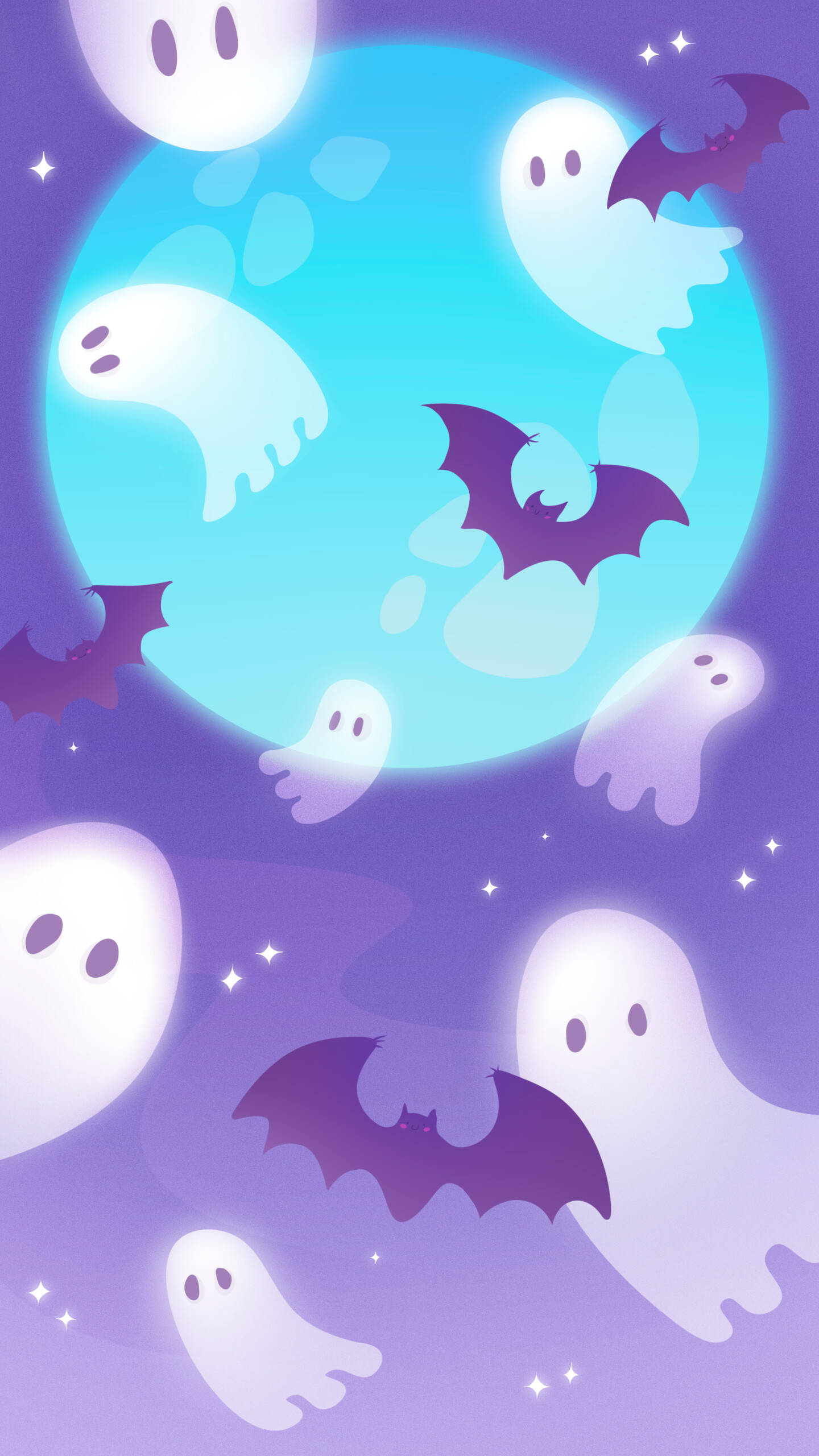 Halloween Phone 桌布 壁紙 — 可愛的卡通鬼魂和蝙蝠在閃爍的藍色月亮周圍漂浮，背景是繁星點點的紫色夜空。