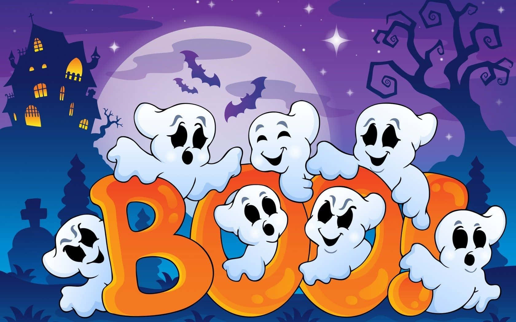 ghosts 桌布 壁紙 — 可愛的卡通鬼魂頑皮地攀附在一個巨大的橙色 'BOO' 字母上，背景是陰森的紫色夜空，有鬼屋和蝙蝠。