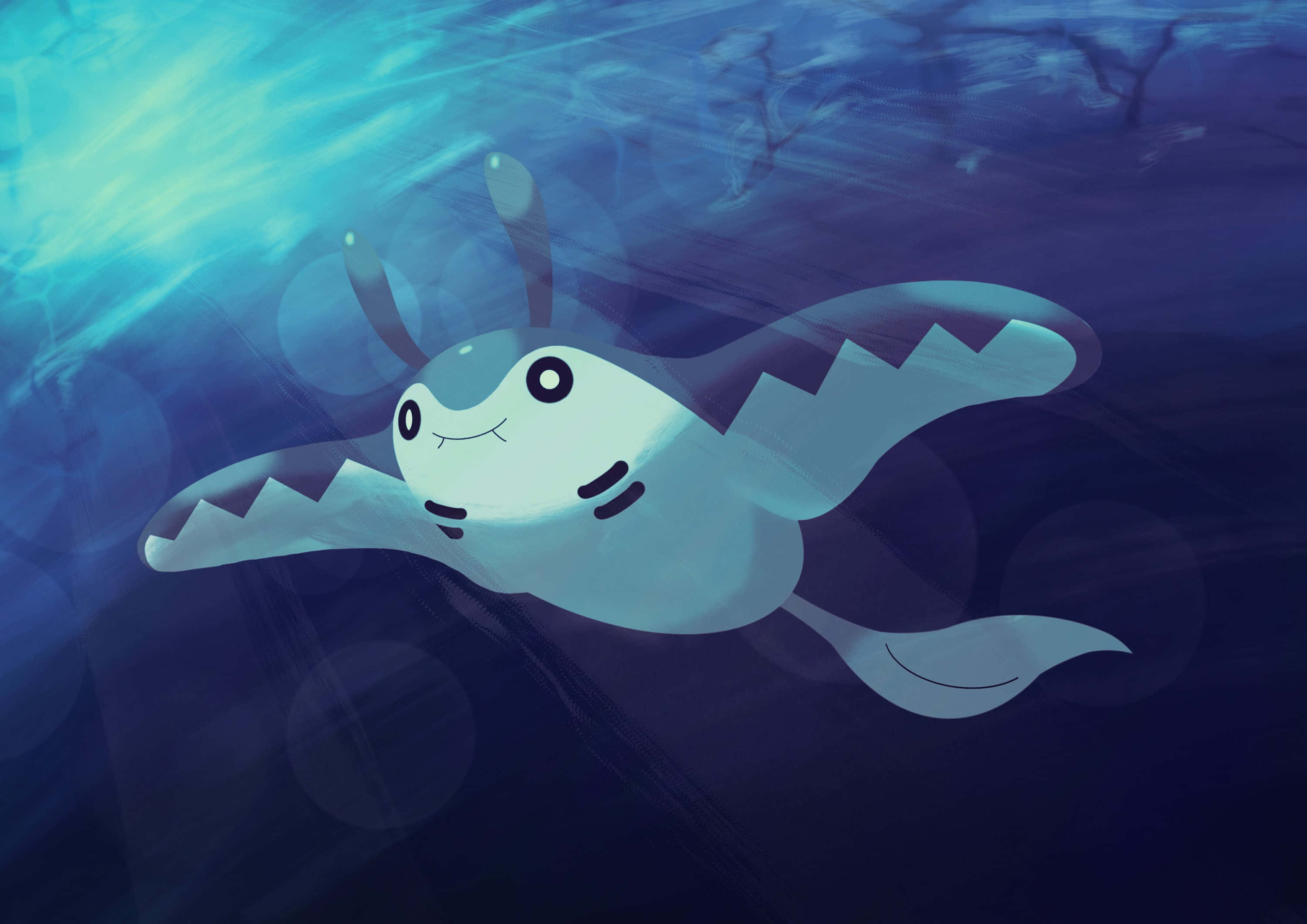 桌布 壁紙 — 可愛的卡通鯊魚在深藍色海洋水中滑行，陽光從上方過濾下來。
