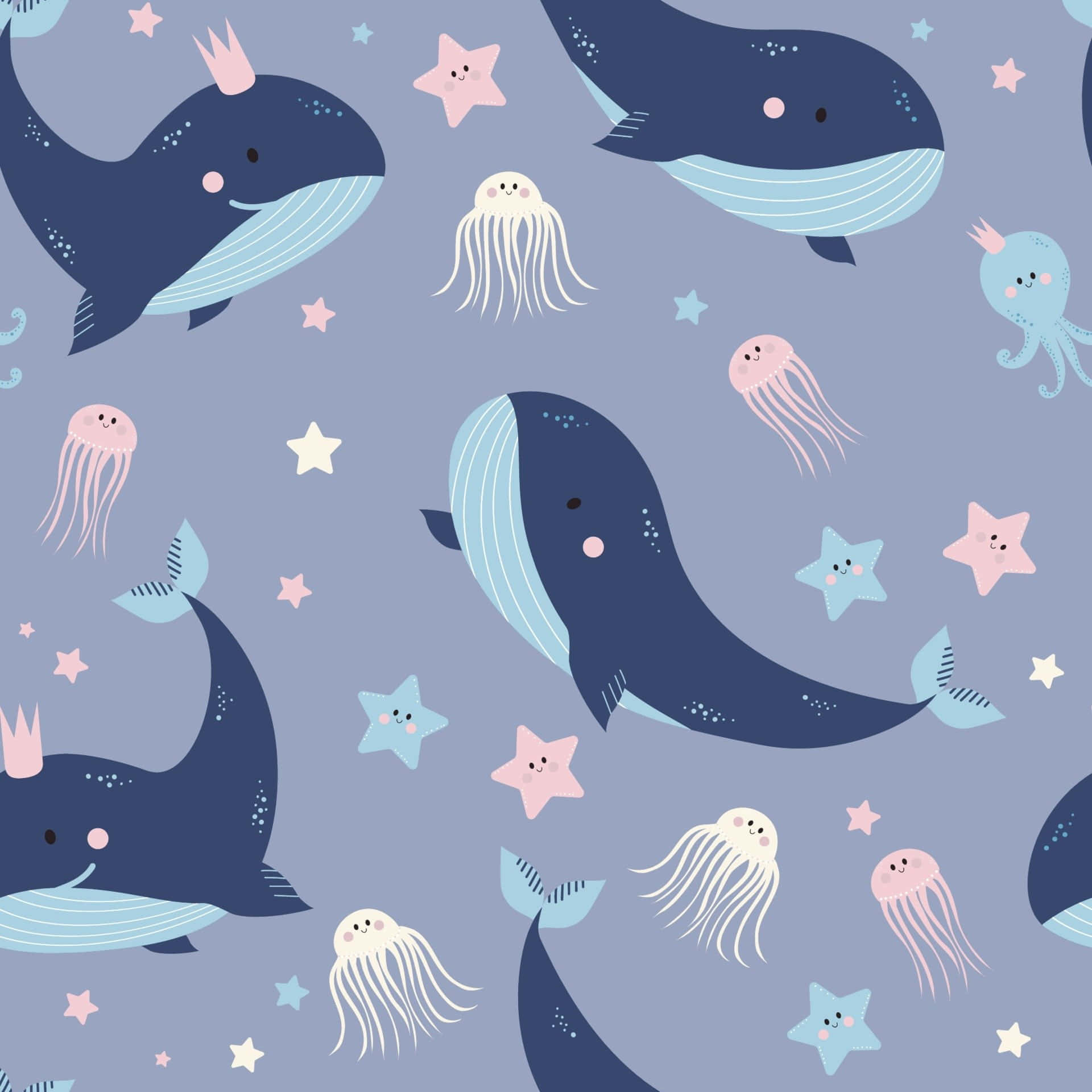 blue whale 桌布 壁紙 — 可愛的卡通鯨魚、水母和星星漂浮在柔和的藍色海洋中，帶有粉紅色點綴。