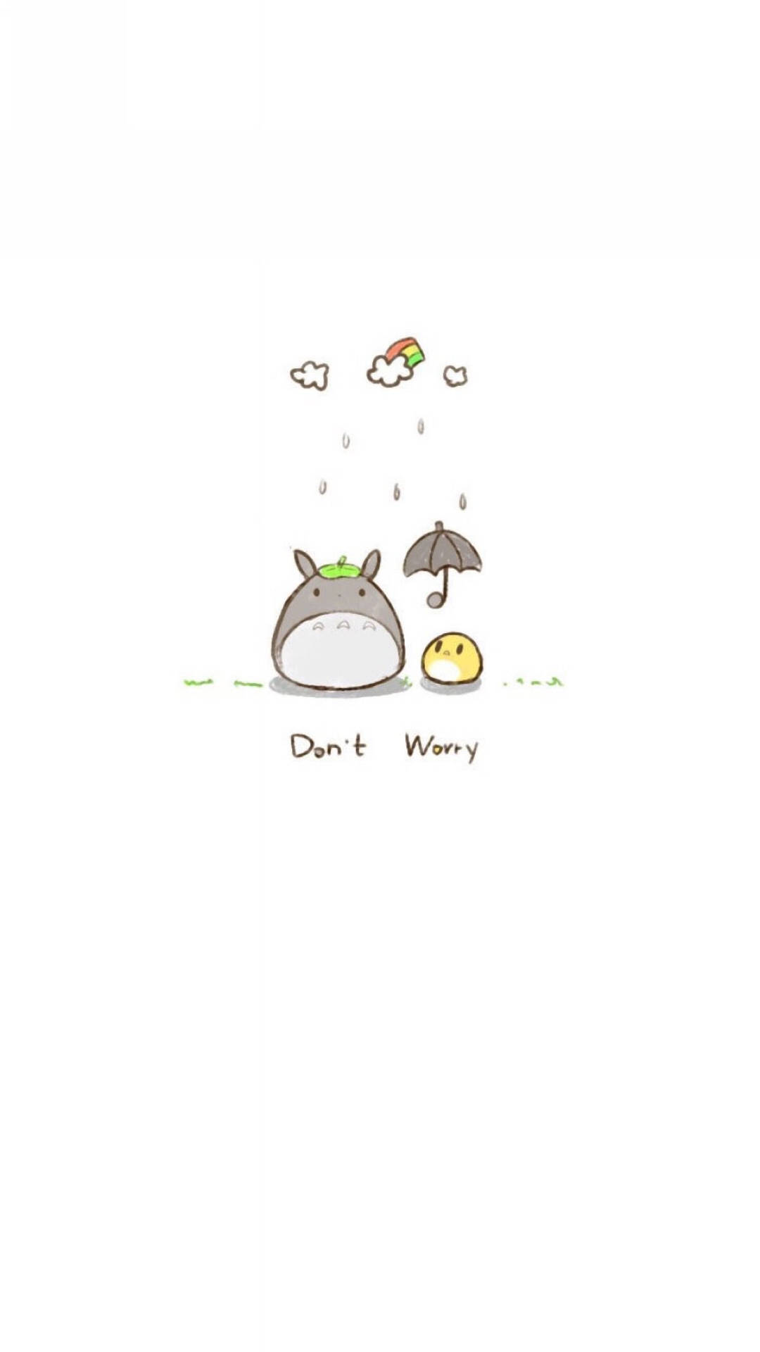 龍貓和小生物在雨中共享一把傘，上方有彩虹。 — 龍貓 GIF 壁紙