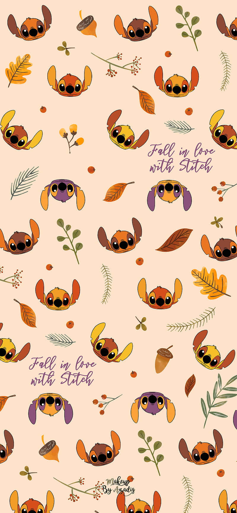iPhone Cute Halloween 桌布 壁紙 — 可愛的史迪奇角色從秋葉和橡實中探出頭來，背景是柔和的蜜桃色，並帶有「Fall in love with Stitch」字樣。