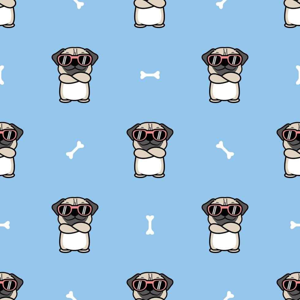 Pug 桌布 壁紙 — 可愛的哈巴狗戴着紅色太陽眼鏡，雙手交叉，站在淺藍色背景上，散落着白色骨頭。