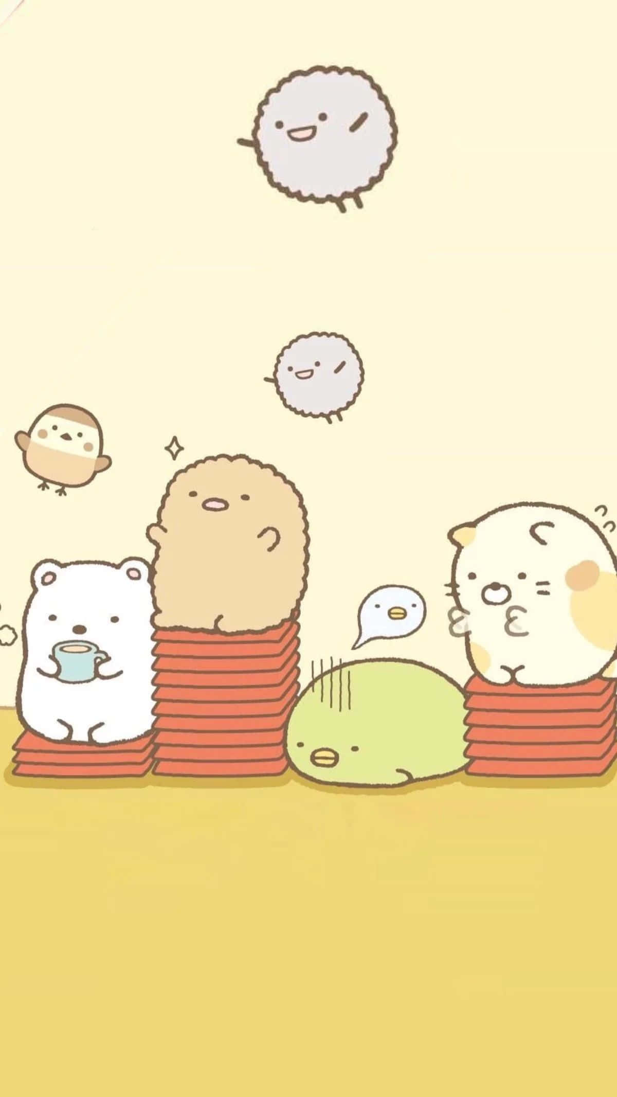 Cute Kawaii Japanese Characters 桌布 壁紙 — 可愛的圓潤角色帶有毛絨質感，坐在紅色靠墊上漂浮在溫暖的黃色背景前。