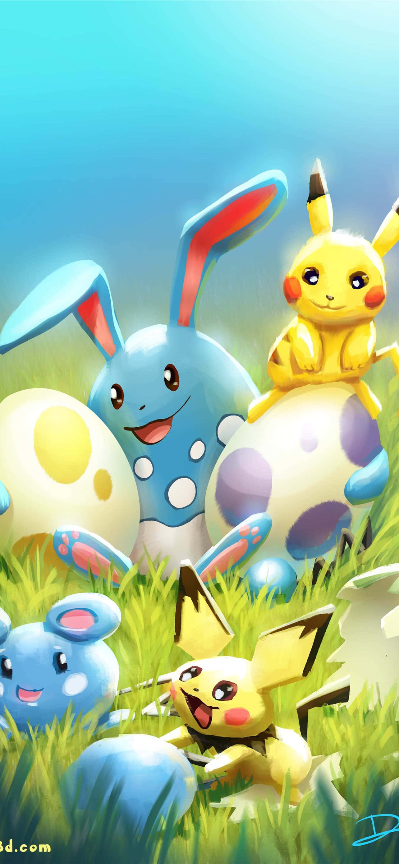 Cute Pikachu And Eevee 桌布 壁紙 — 可愛的寶可夢角色，包括皮卡丘和藍色兔兔般的生物，在陽光明媚的草地上圍著色彩繽紛的蛋玩耍。