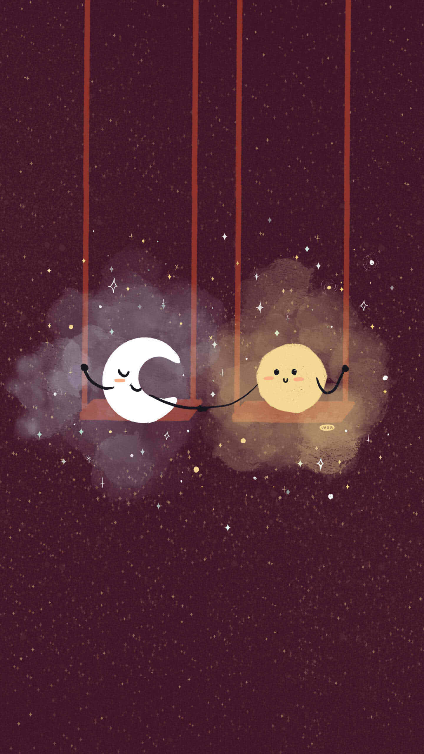 桌布 壁紙 — 可愛的彎月和圓圓的太陽在滿天星斗的夜空鞦韆上一起搖擺微笑。