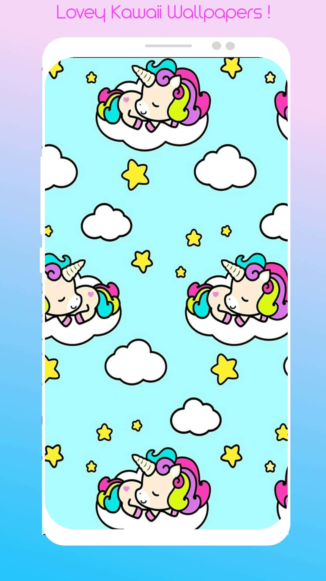 Kawaii Unicorn 桌布 壁紙 — 可愛的彩虹鬃毛獨角獸在柔軟的藍色背景上，於金色星星之間的蓬鬆雲朵上安詳入睡。