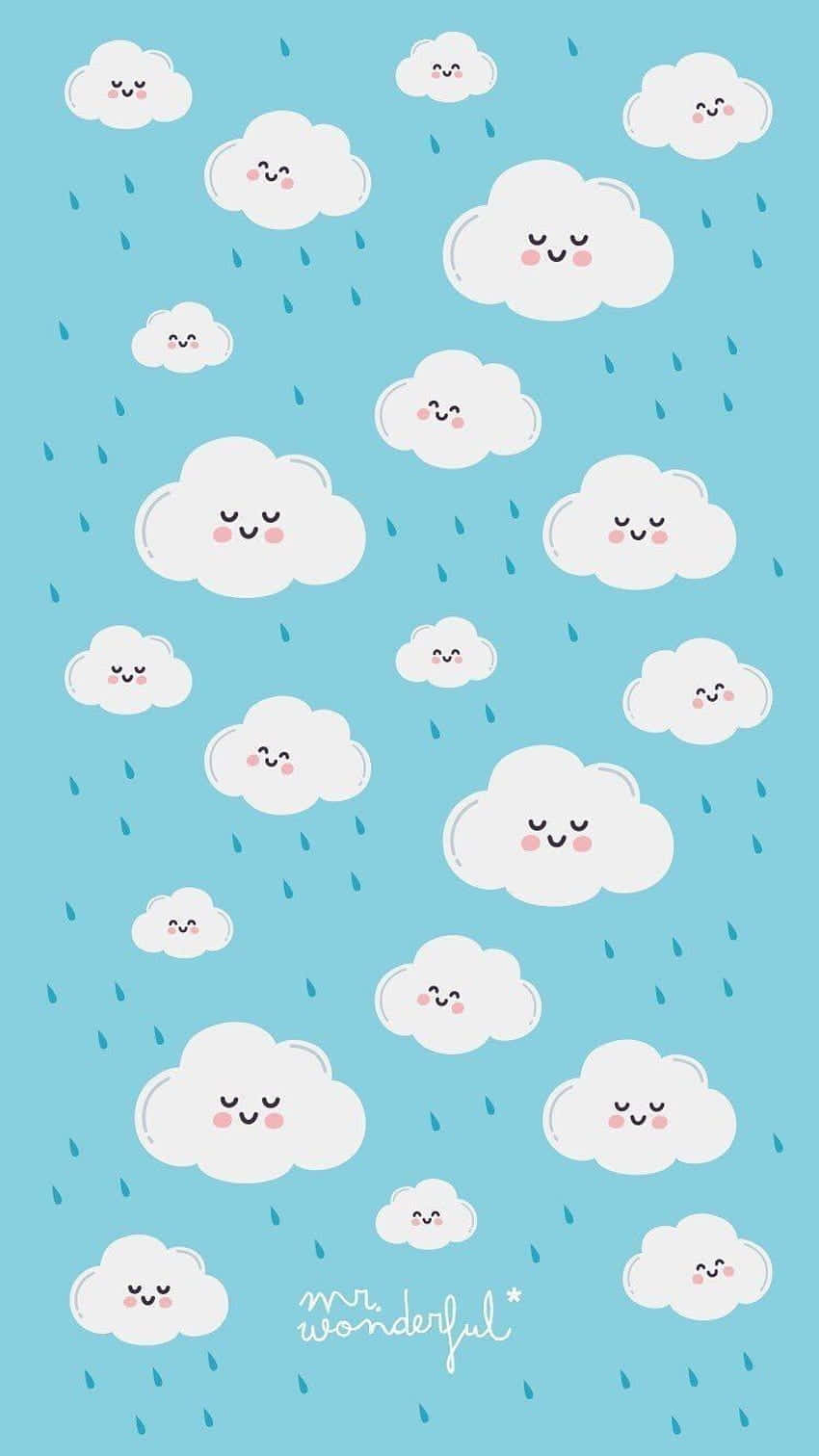 雲朵 桌布 壁紙 — 可愛的微笑雲朵帶有玫瑰色臉頰，在柔和的藍天中輕輕飄動，細雨滴落下。