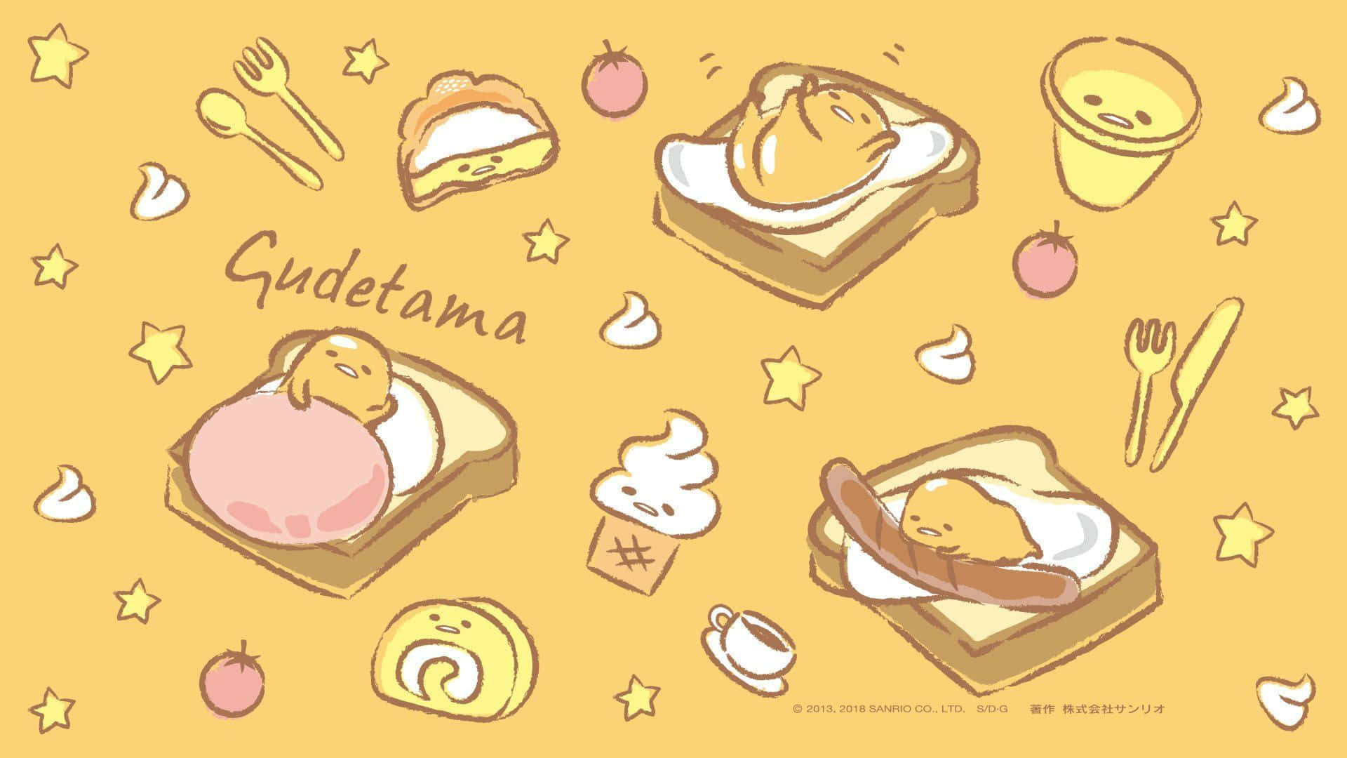 Gudetama 角色在吐司和甜點上放鬆，配有星星和餐具。 — 蛋黃哥 壁紙