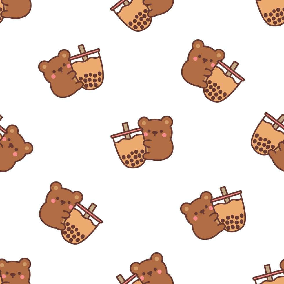 Teddy Bear 桌布 壁紙 — 可愛的棕色小熊在白色背景上以重複圖案拿著珍珠奶茶杯。