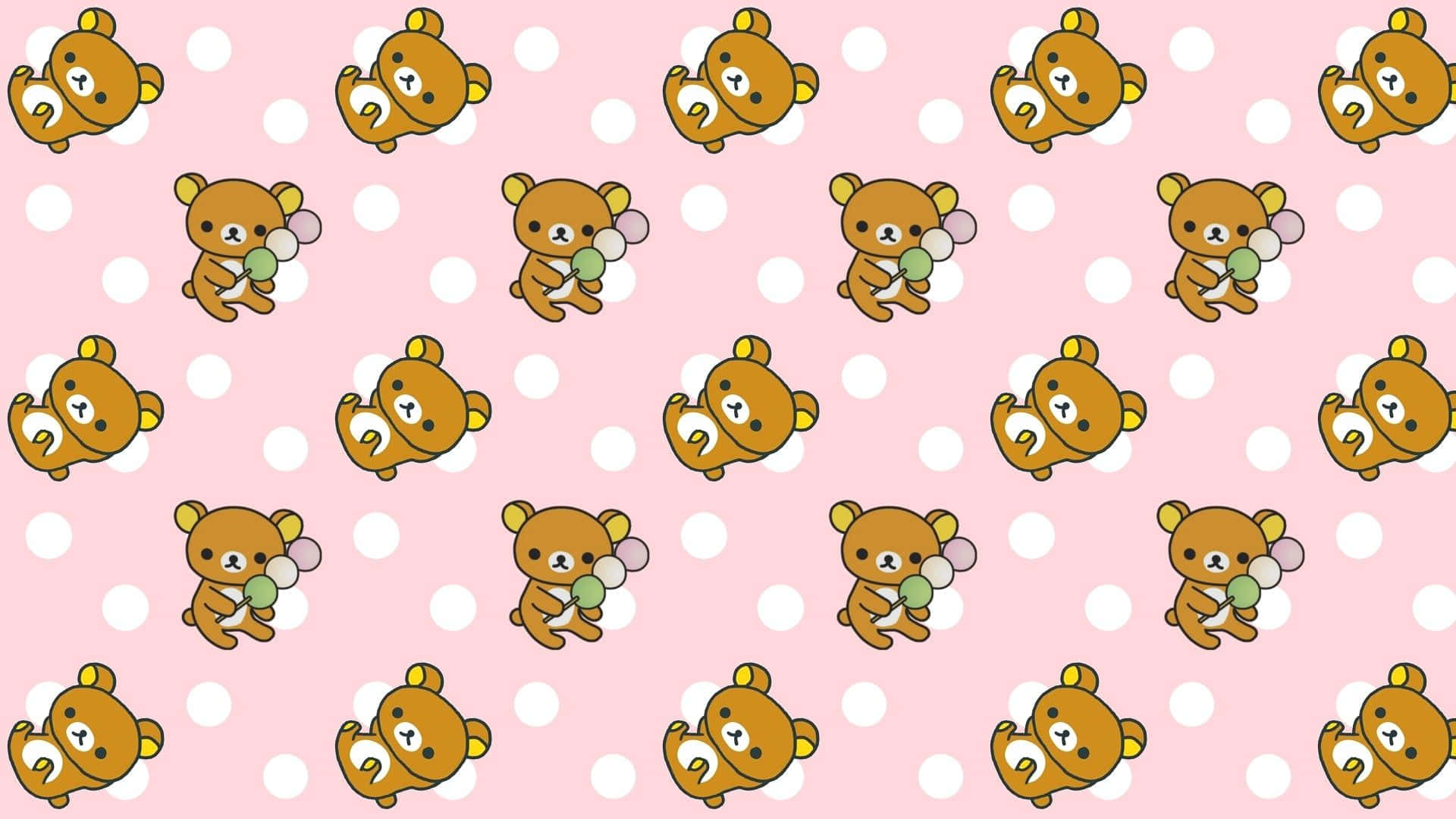 Kawaii Bear 桌布 壁紙 — 可愛的棕色小熊拿著氣球，在粉紅色圓點背景上重複，形成一個可愛圖案。