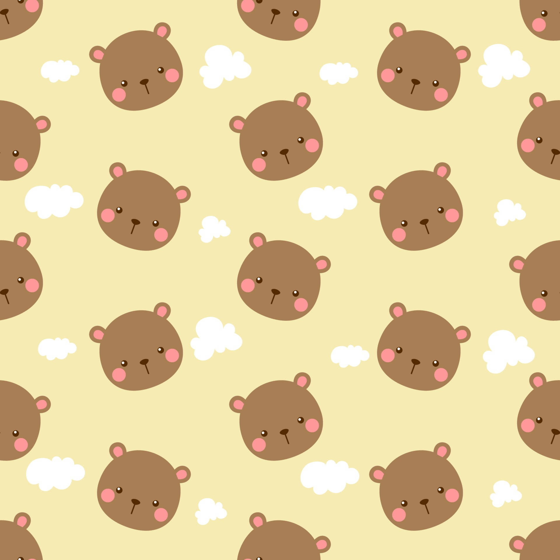 Cute Brown Bear 桌布 壁紙 — 可愛的棕色小熊臉頰粉紅，在柔軟的黃色背景上漂浮在 fluffy 白色雲朵之間。