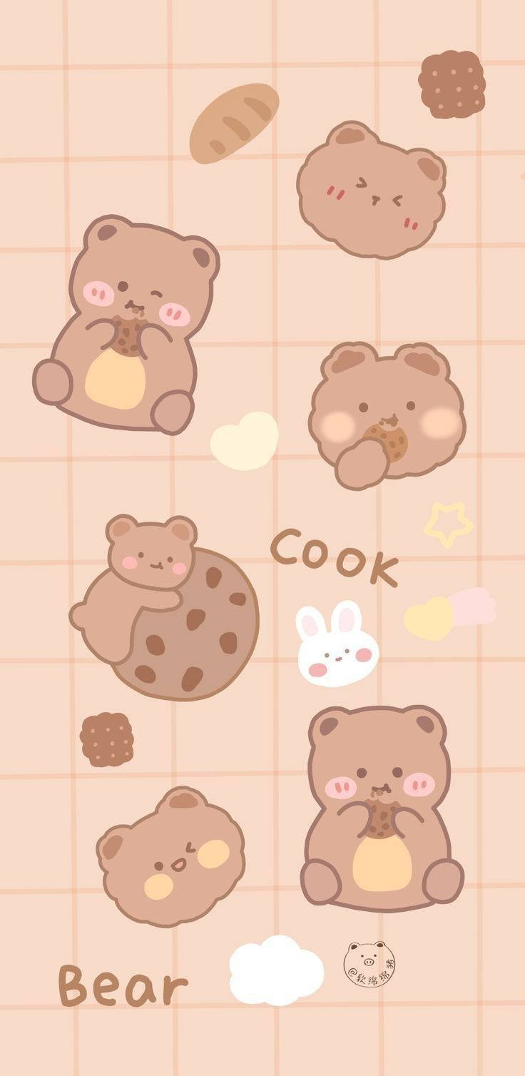 Cookie 桌布 壁紙 — 可愛的棕色小熊角色帶著餅乾和糕點在柔和的蜜桃網格背景上頑皮地漂浮。