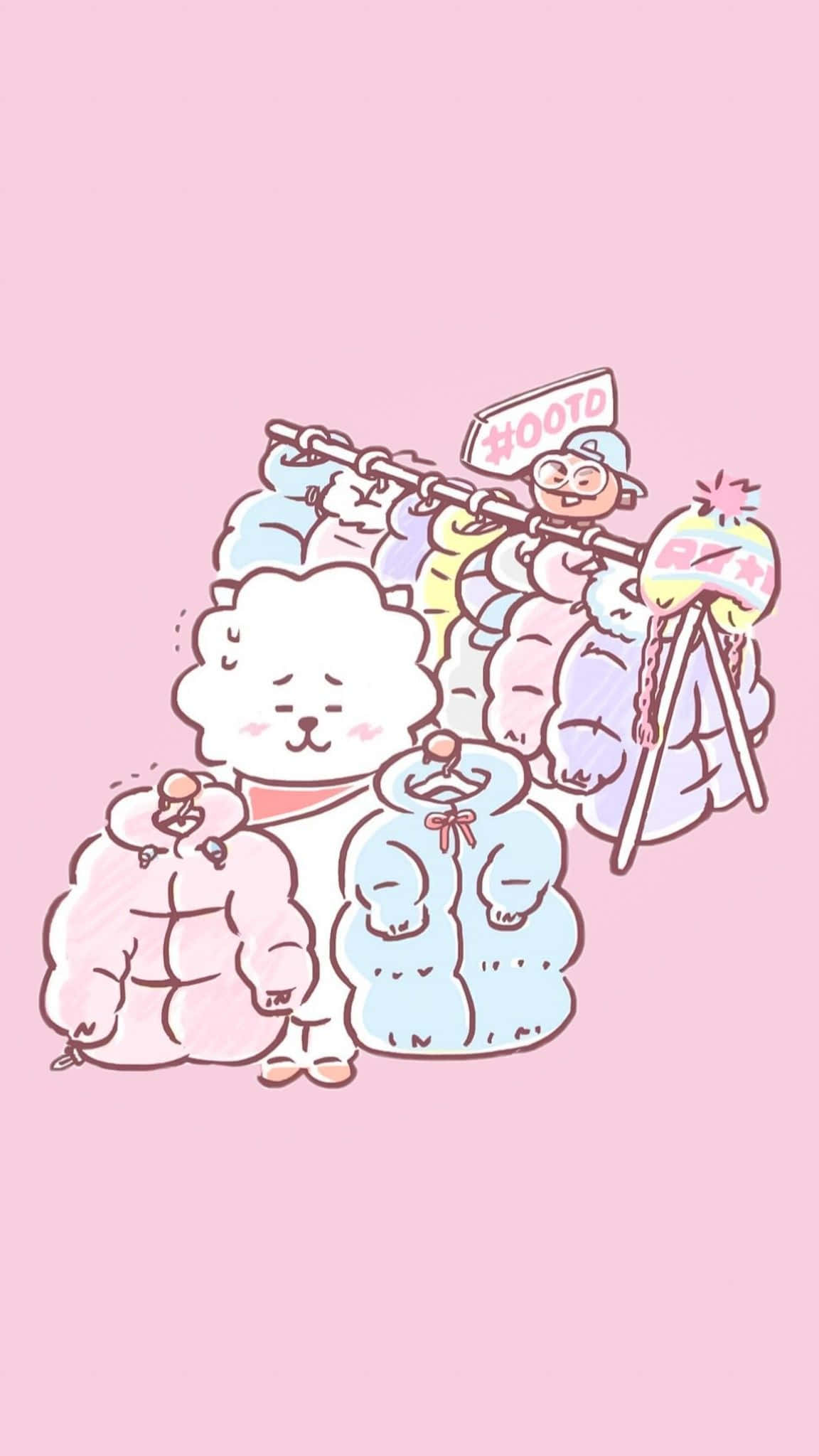 Kpop Kawaii 桌布 壁紙 — 可愛的毛茸茸角色穿著冬季外套，在柔和的粉紅色背景前開心地舉著「#HOOTD」標誌擺姿勢。