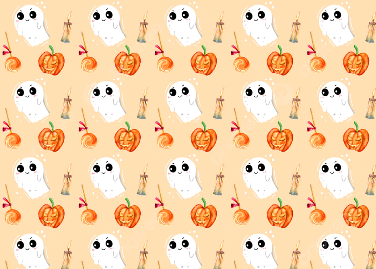 Aesthetic Creepy Halloween 桌布 壁紙 — 可愛的水彩鬼魂、南瓜和糖果玉米在蜜桃色背景上重複成歡樂的萬聖節圖案。